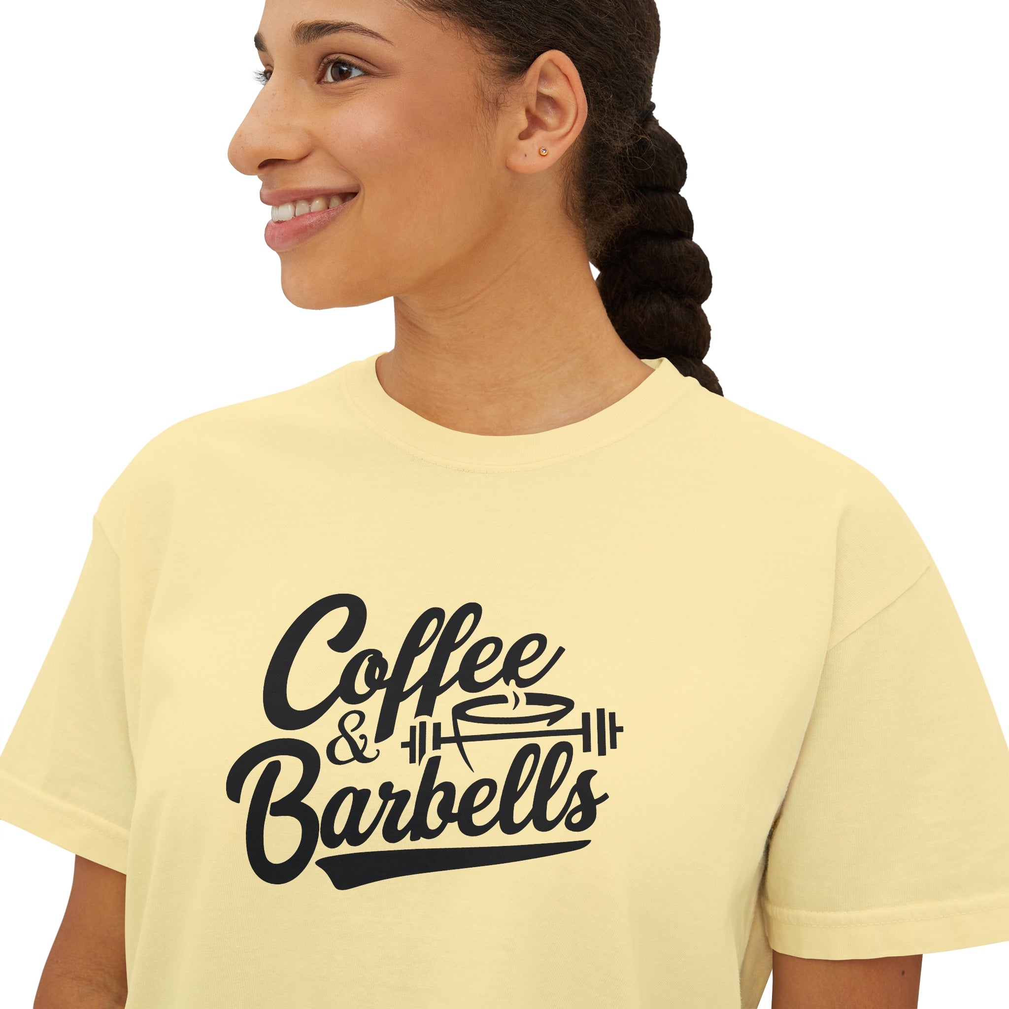 Coffee & Barbells - Women's Boxy Tee - Black Logo Front Plain Back