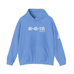 45 + 45 = 135  - Unisex Heavy Blend Hooded Sweatshirt  - White Logo Front & Arm - Plain Back