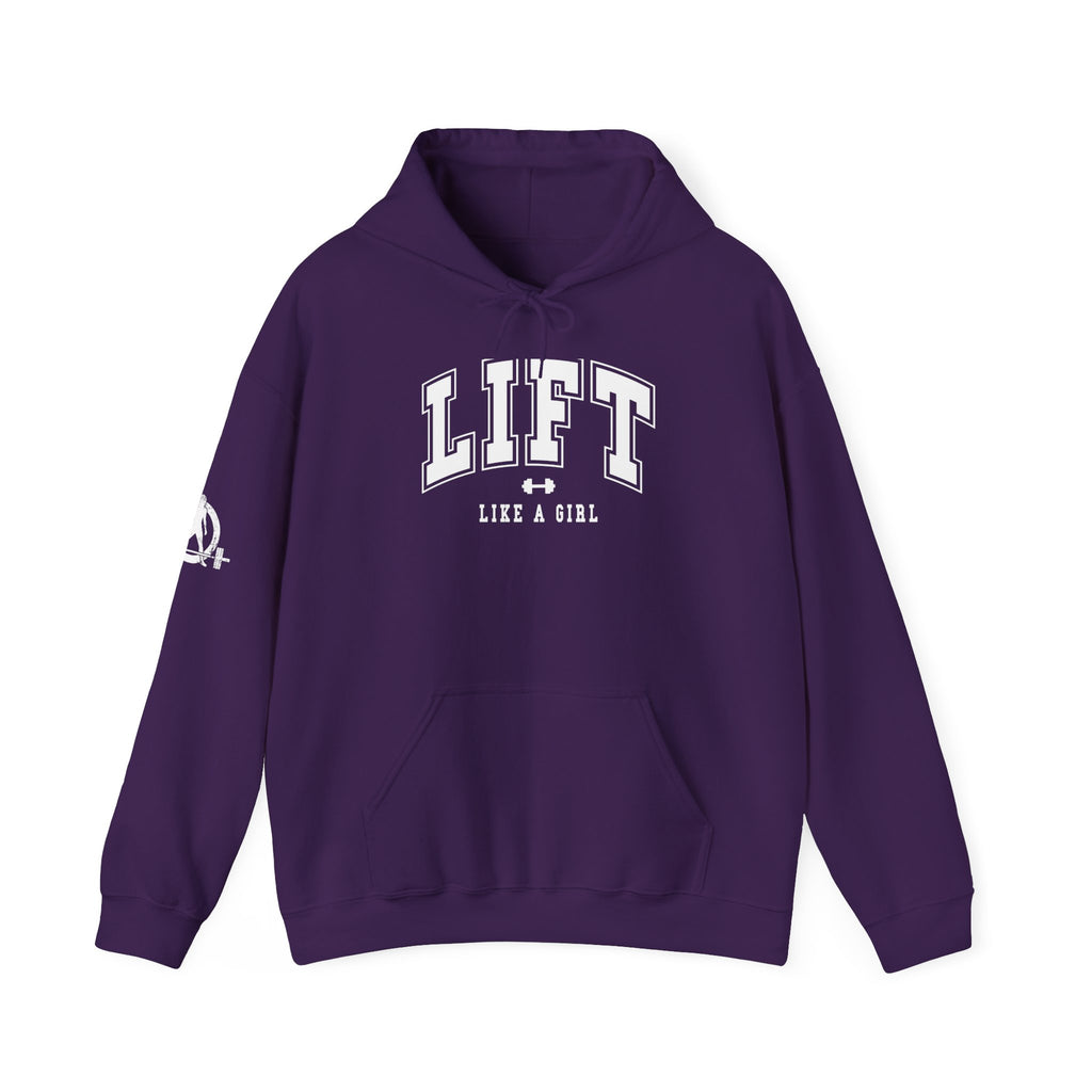 Lift Like.A Girl - Unisex Heavy Blend Hooded Sweatshirt - White Logo on Front & Right Sleeve