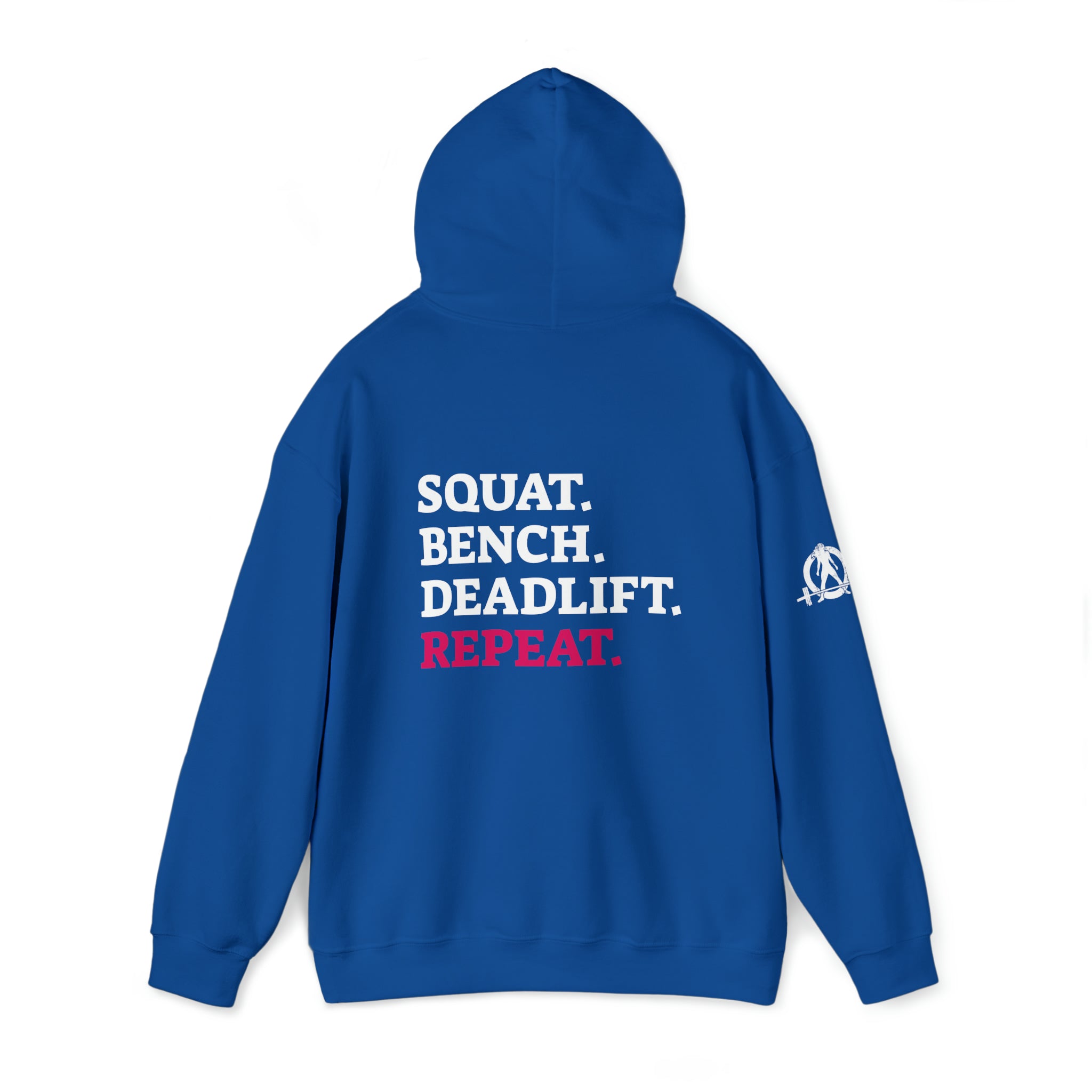 Squat Bench Deadlift Repeat - Unisex Heavy Blend Hooded Sweatshirt - Dark White Logo - Pink - SBDR on BACK