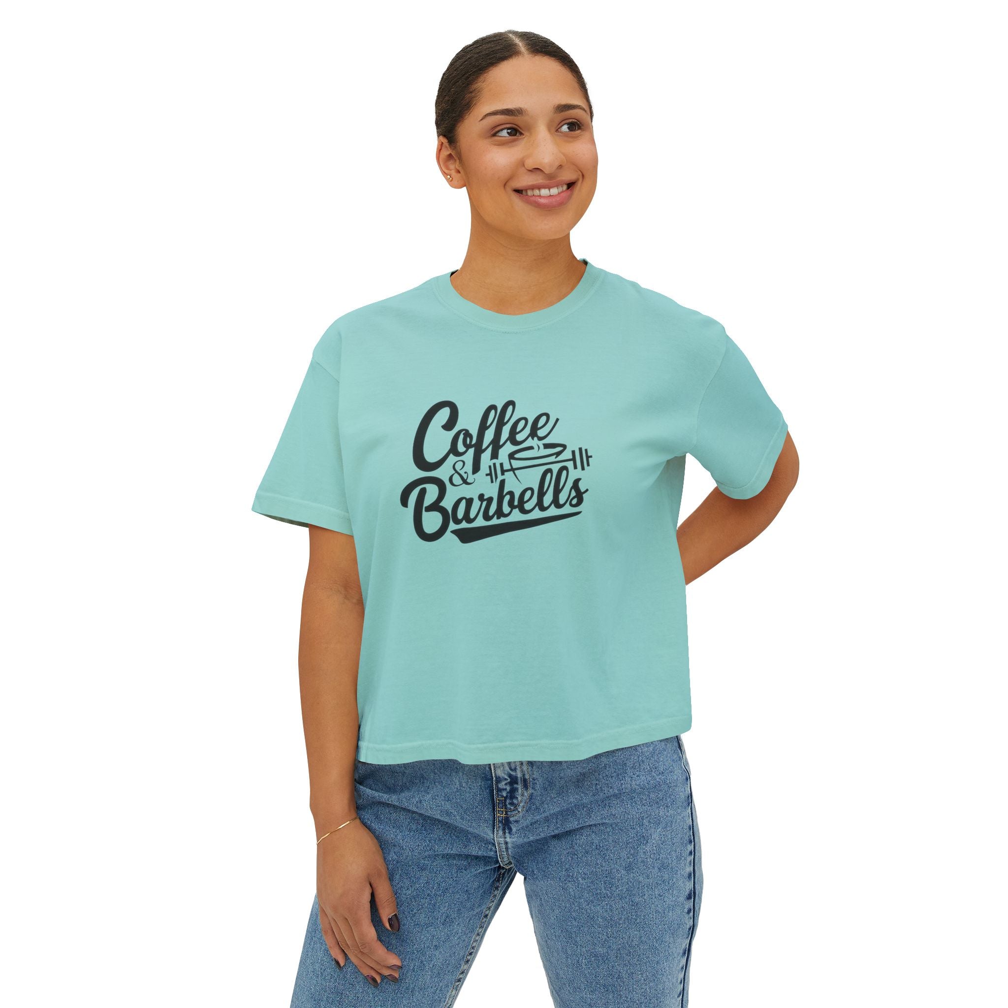Coffee & Barbells - Women's Boxy Tee - Black Logo Front Plain Back