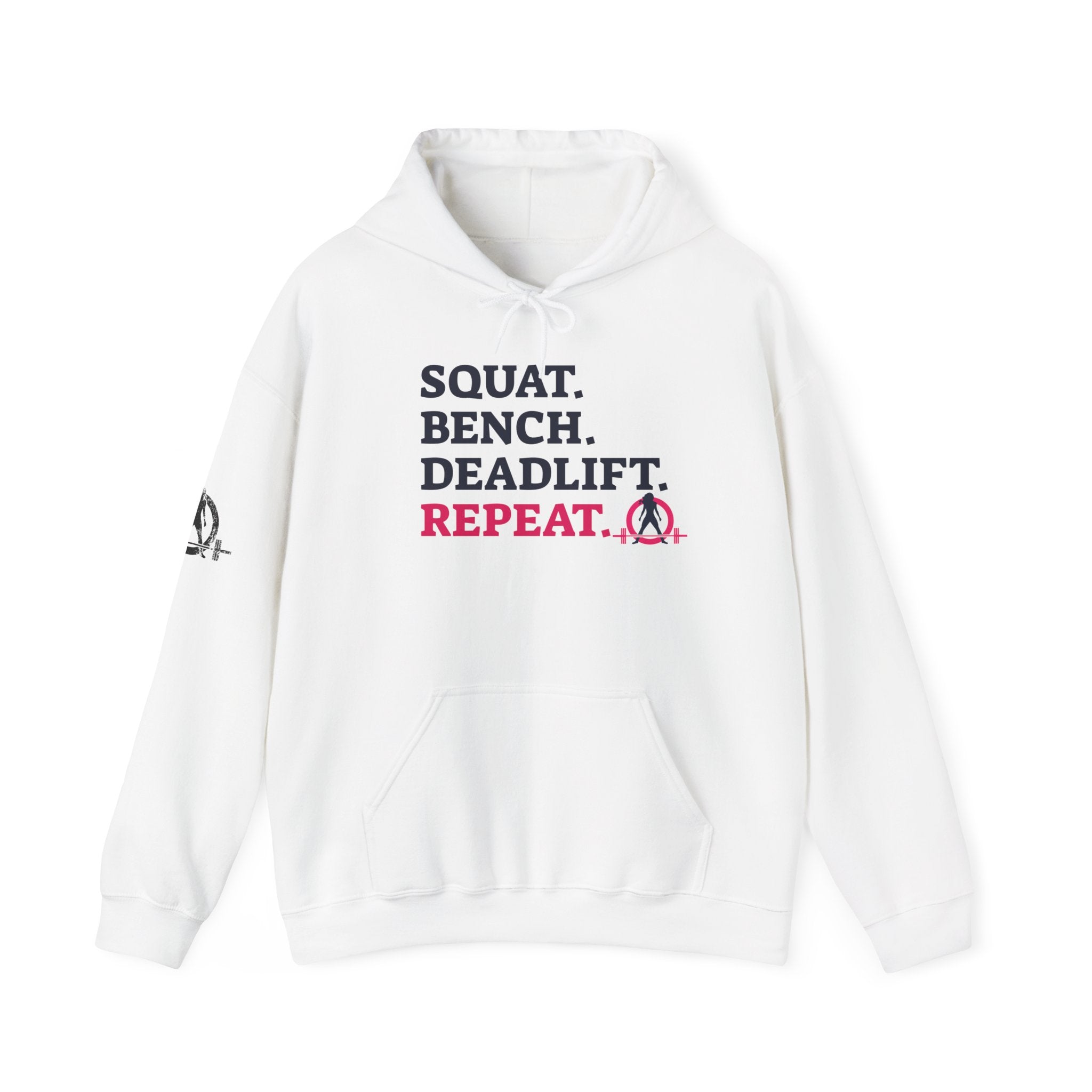 WWLW “Squat • Bench • Deadlift • Repeat” Hoodie - Front Dark Logo Plain Back