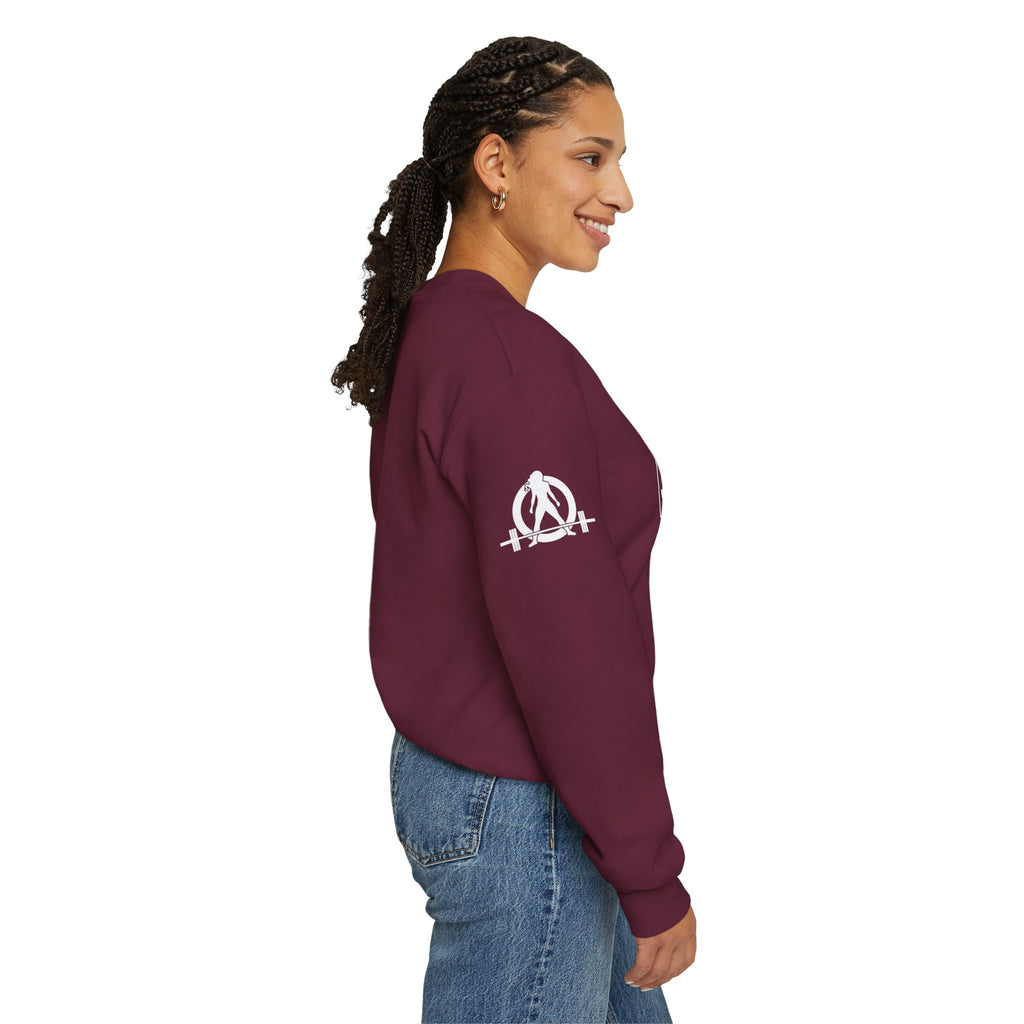 She is STRONG - Unisex Heavy Blend™ Crewneck Sweatshirt - Front White Logo - Plain Back