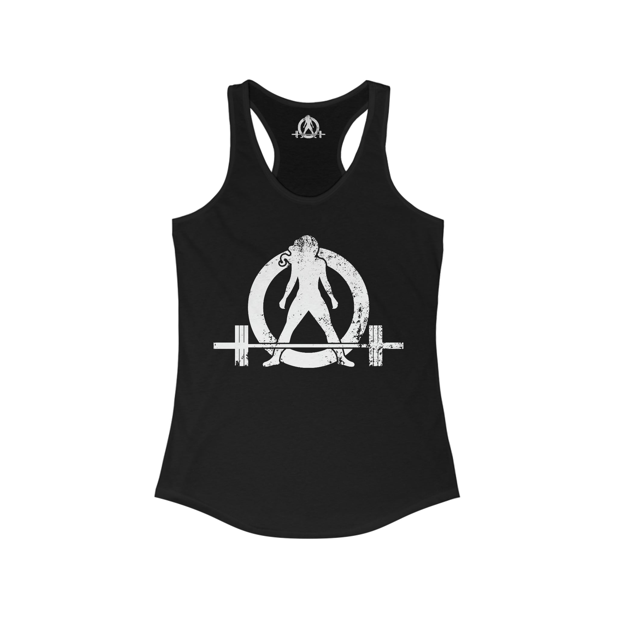 Strong Not Skinny - White Distressed Logo - Women's Ideal Racerback Tank - Logo on Front & Back