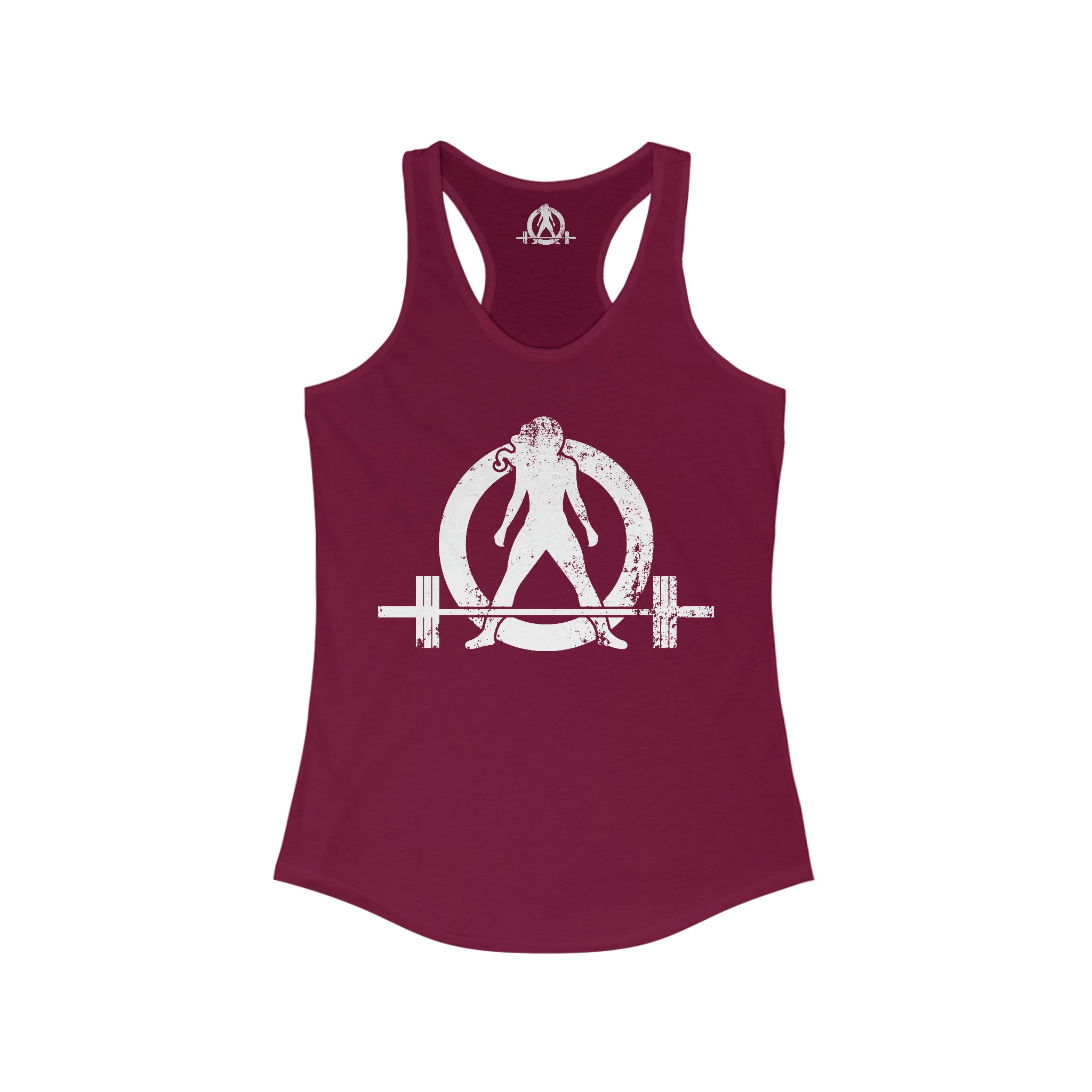 Strong Not Skinny - White Distressed Logo - Women's Ideal Racerback Tank - Logo on Front & Back