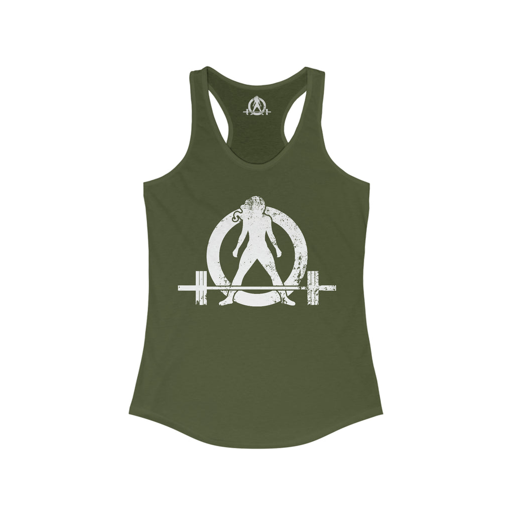 Strong Not Skinny - White Distressed Logo - Women's Ideal Racerback Tank - Logo on Front & Back