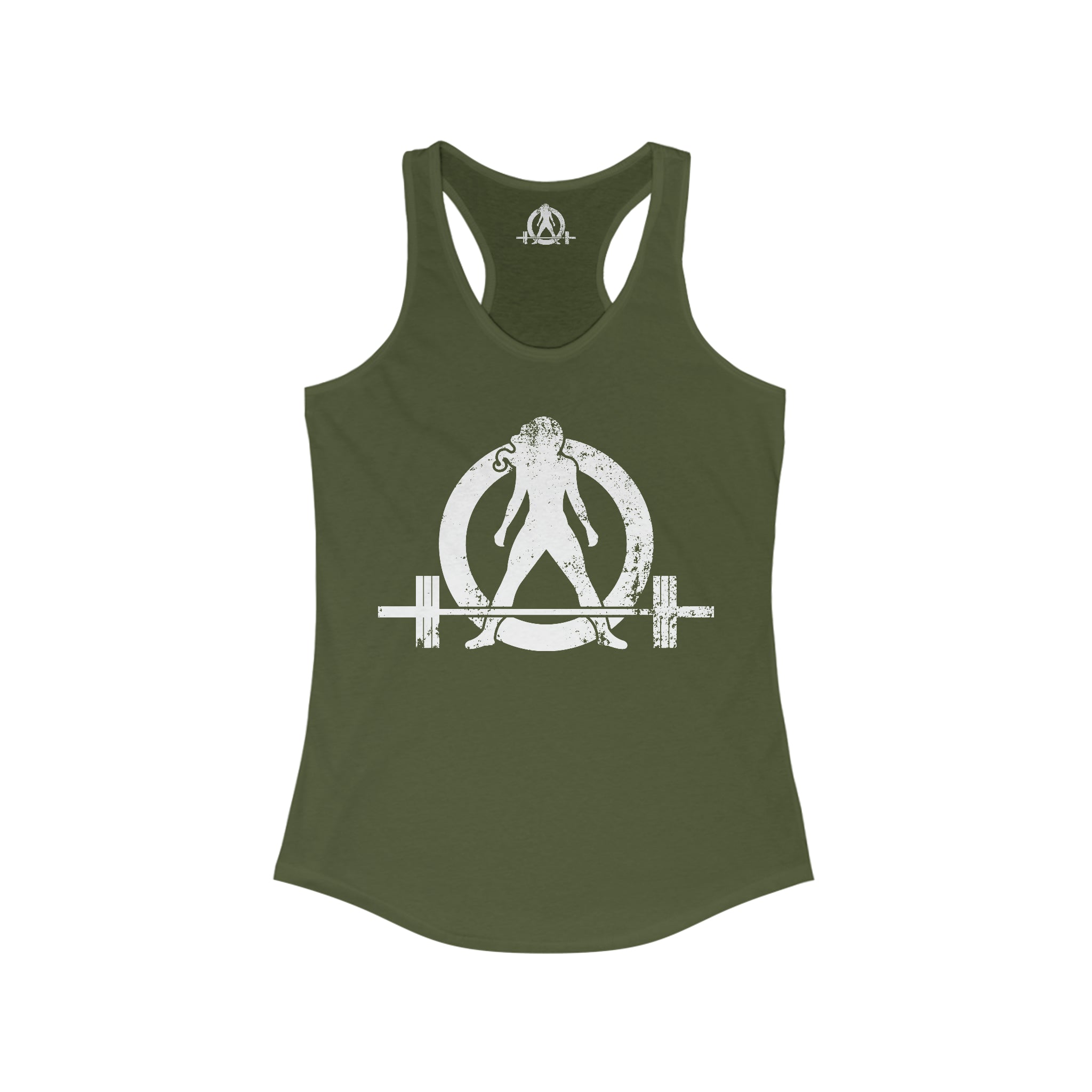 Strong Not Skinny - White Distressed Logo - Women's Ideal Racerback Tank - Logo on Front & Back