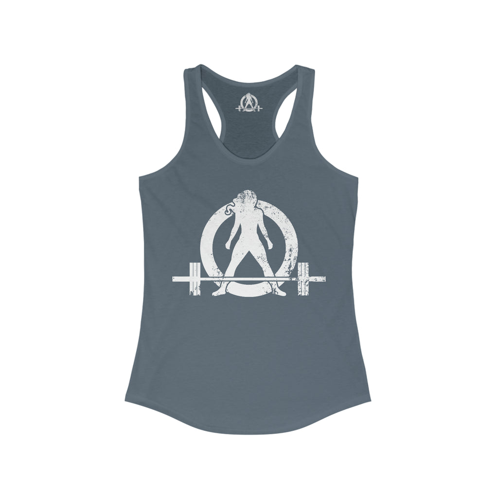 Strong Not Skinny - White Distressed Logo - Women's Ideal Racerback Tank - Logo on Front & Back