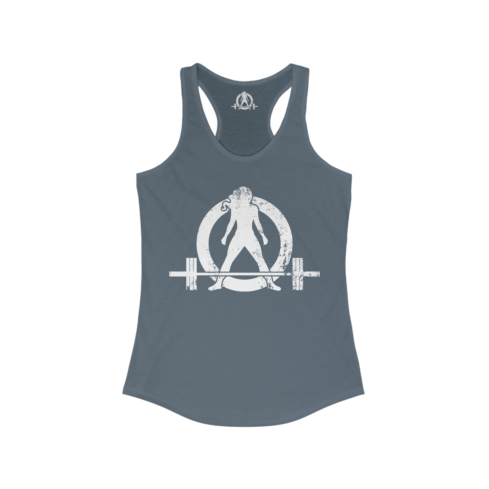 Strong Not Skinny - White Distressed Logo - Women's Ideal Racerback Tank - Logo on Front & Back