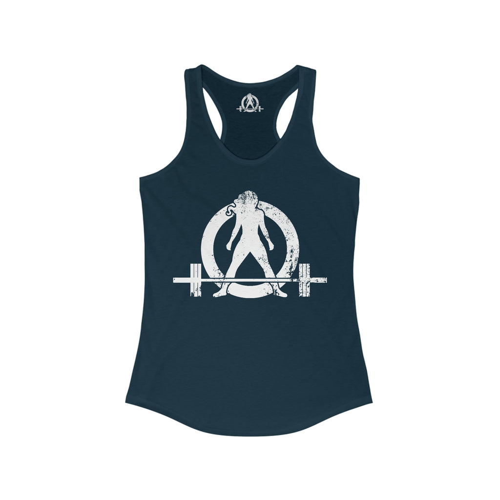 Strong Not Skinny - White Distressed Logo - Women's Ideal Racerback Tank - Logo on Front & Back