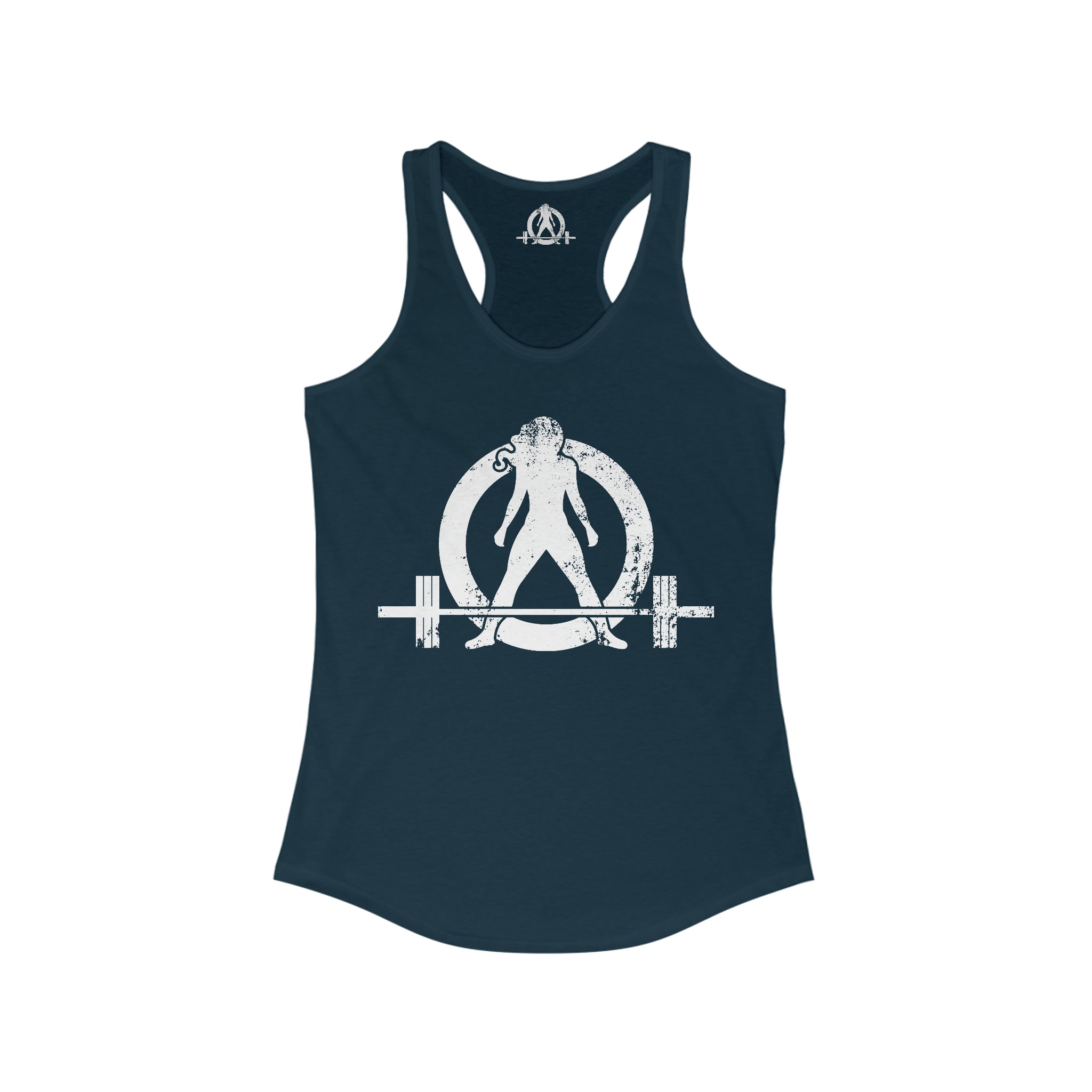 Strong Not Skinny - White Distressed Logo - Women's Ideal Racerback Tank - Logo on Front & Back