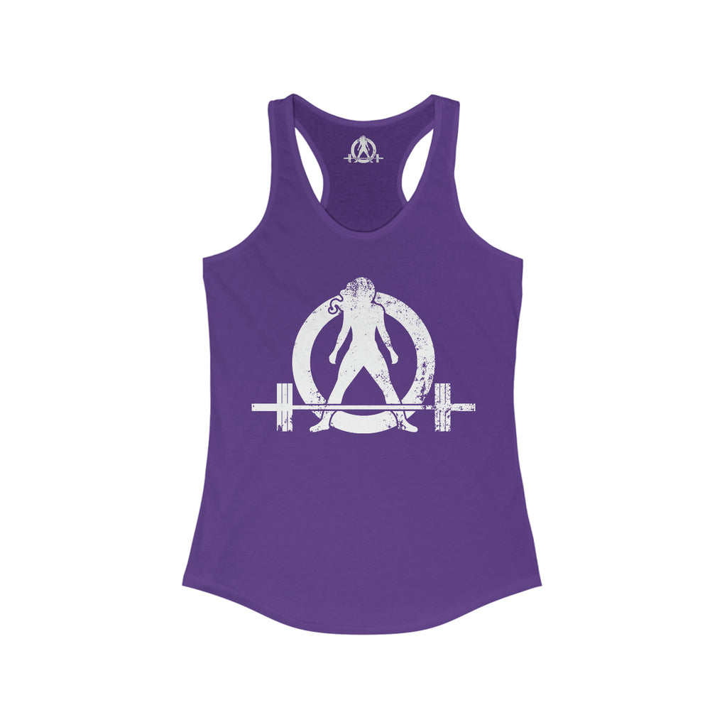 Strong Not Skinny - White Distressed Logo - Women's Ideal Racerback Tank - Logo on Front & Back
