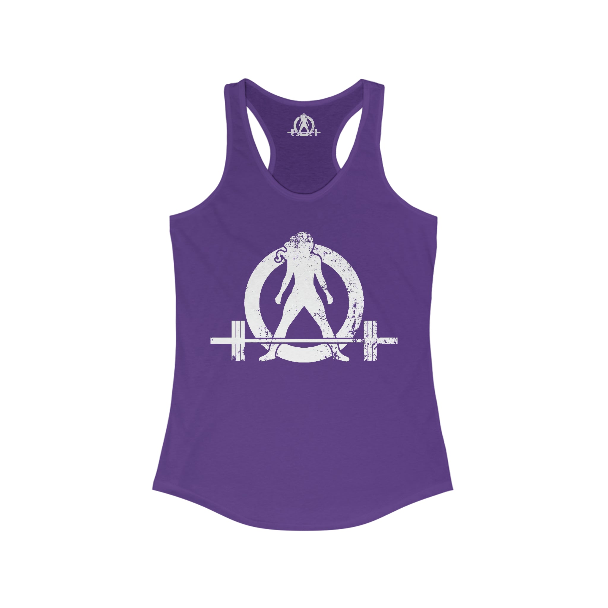 Strong Not Skinny - White Distressed Logo - Women's Ideal Racerback Tank - Logo on Front & Back
