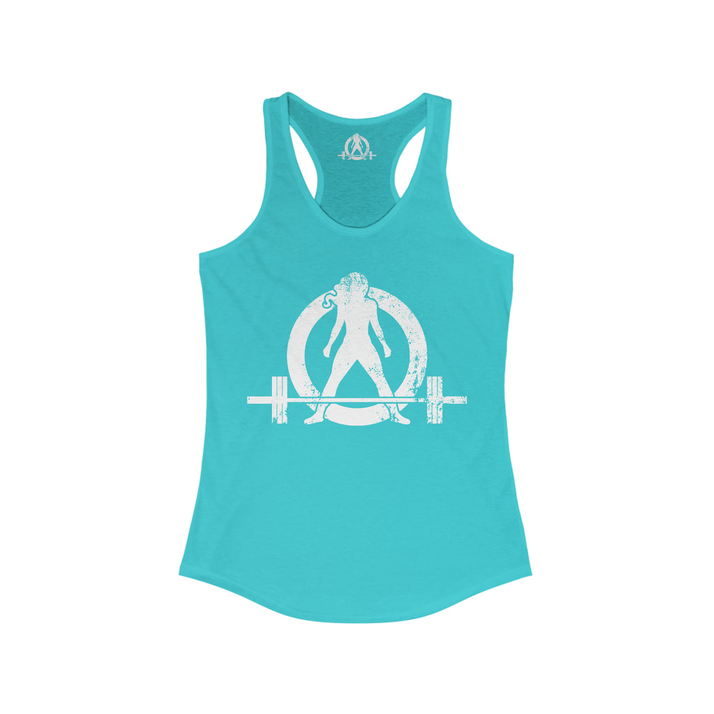 Strong Not Skinny - White Distressed Logo - Women's Ideal Racerback Tank - Logo on Front & Back