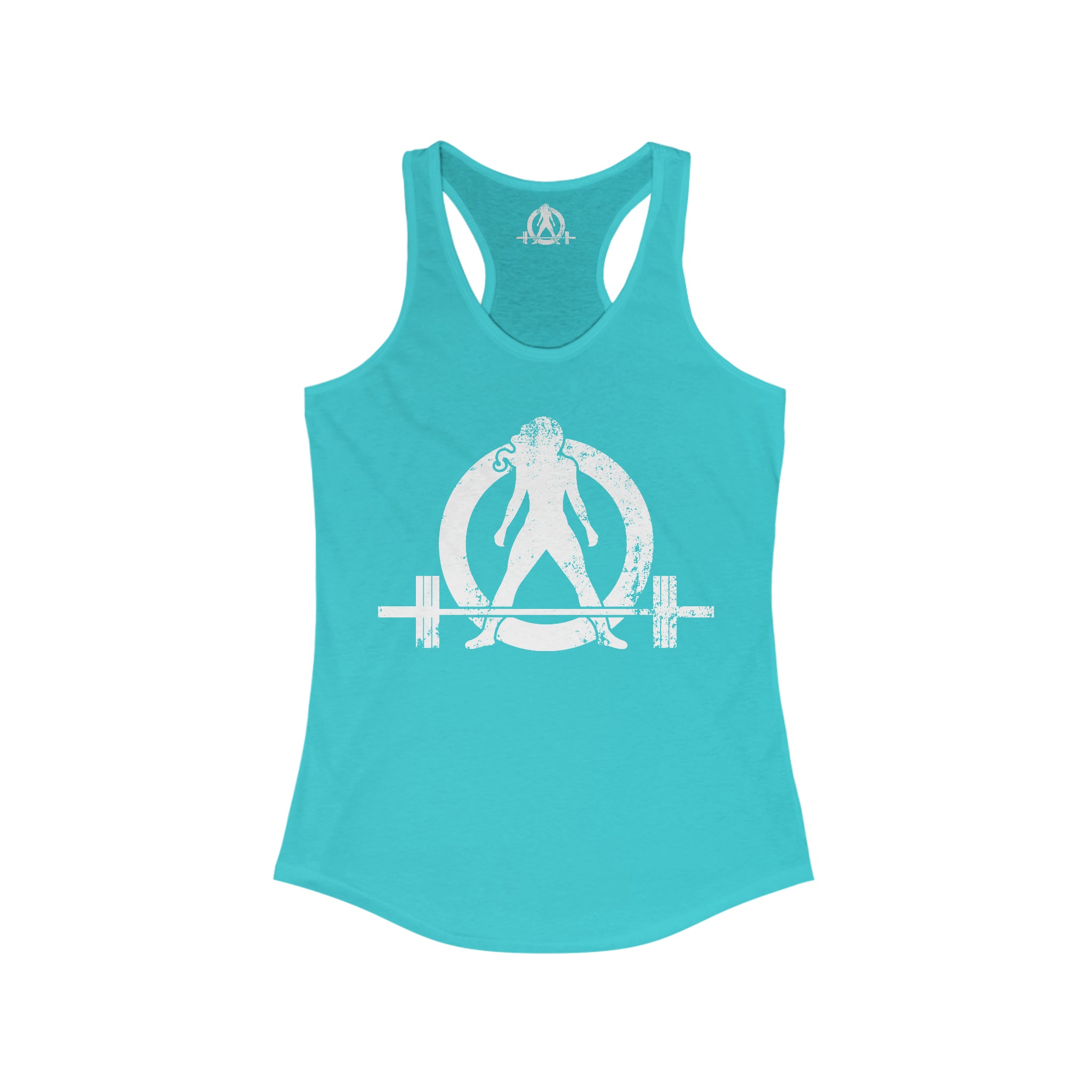 Strong Not Skinny - White Distressed Logo - Women's Ideal Racerback Tank - Logo on Front & Back