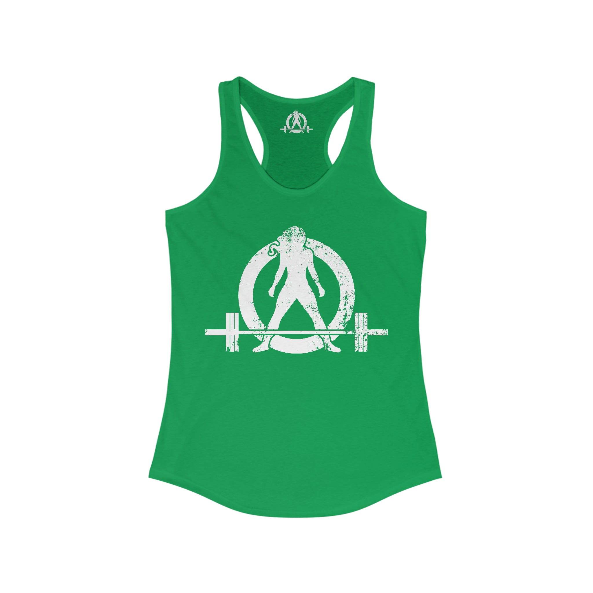 Strong Not Skinny - White Distressed Logo - Women's Ideal Racerback Tank - Logo on Front & Back