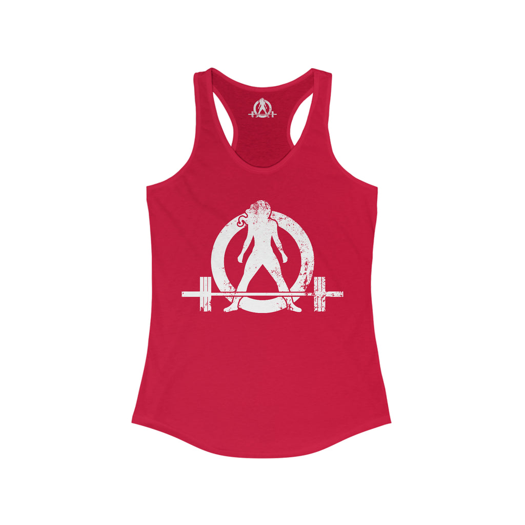 Strong Not Skinny - White Distressed Logo - Women's Ideal Racerback Tank - Logo on Front & Back