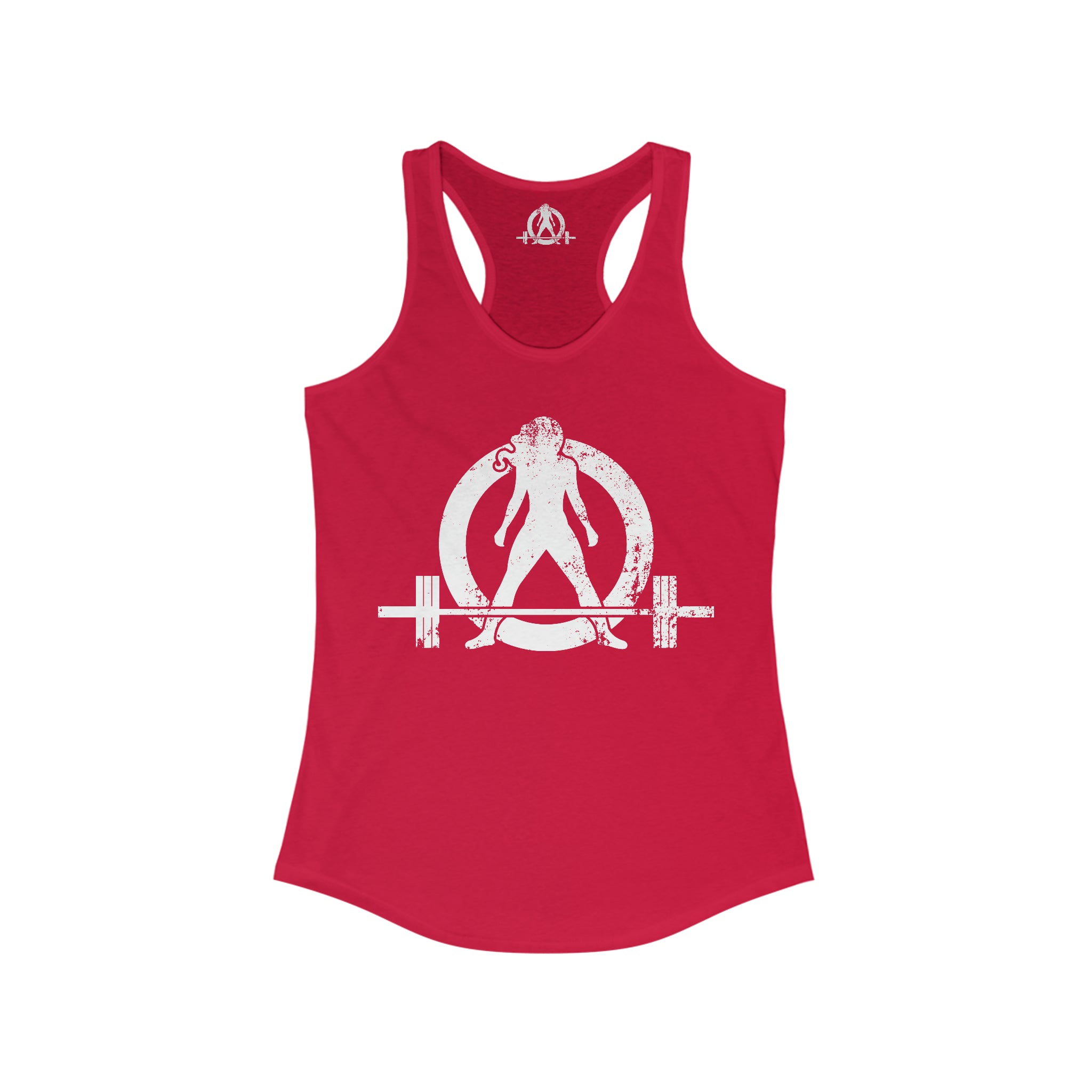 Strong Not Skinny - White Distressed Logo - Women's Ideal Racerback Tank - Logo on Front & Back