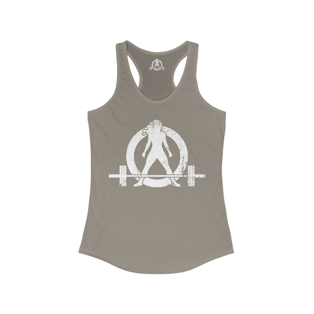Strong Not Skinny - White Distressed Logo - Women's Ideal Racerback Tank - Logo on Front & Back
