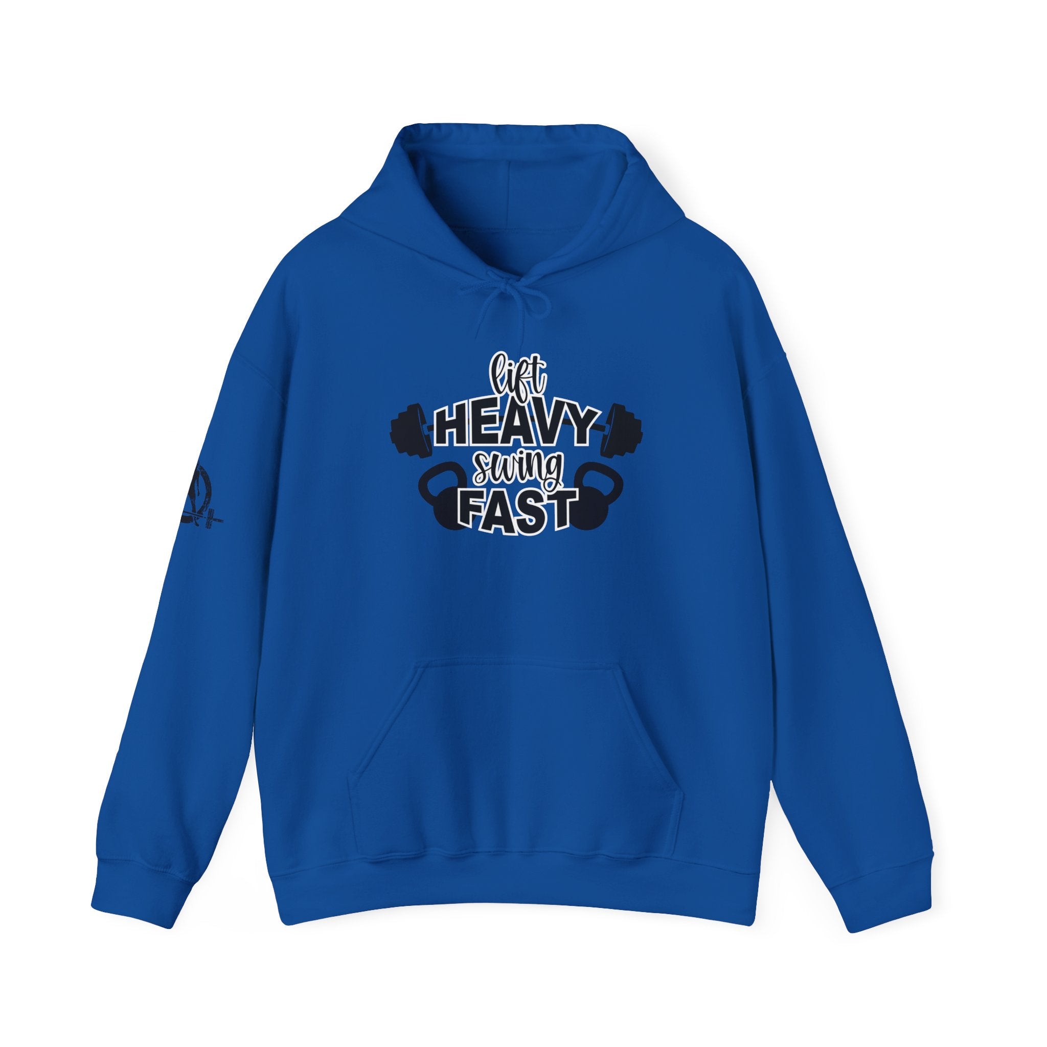 Lift Heavy Swing Fast - Unisex Heavy Blend Hooded Sweatshirt - Black Logo - Right Shoulder - Plain Back