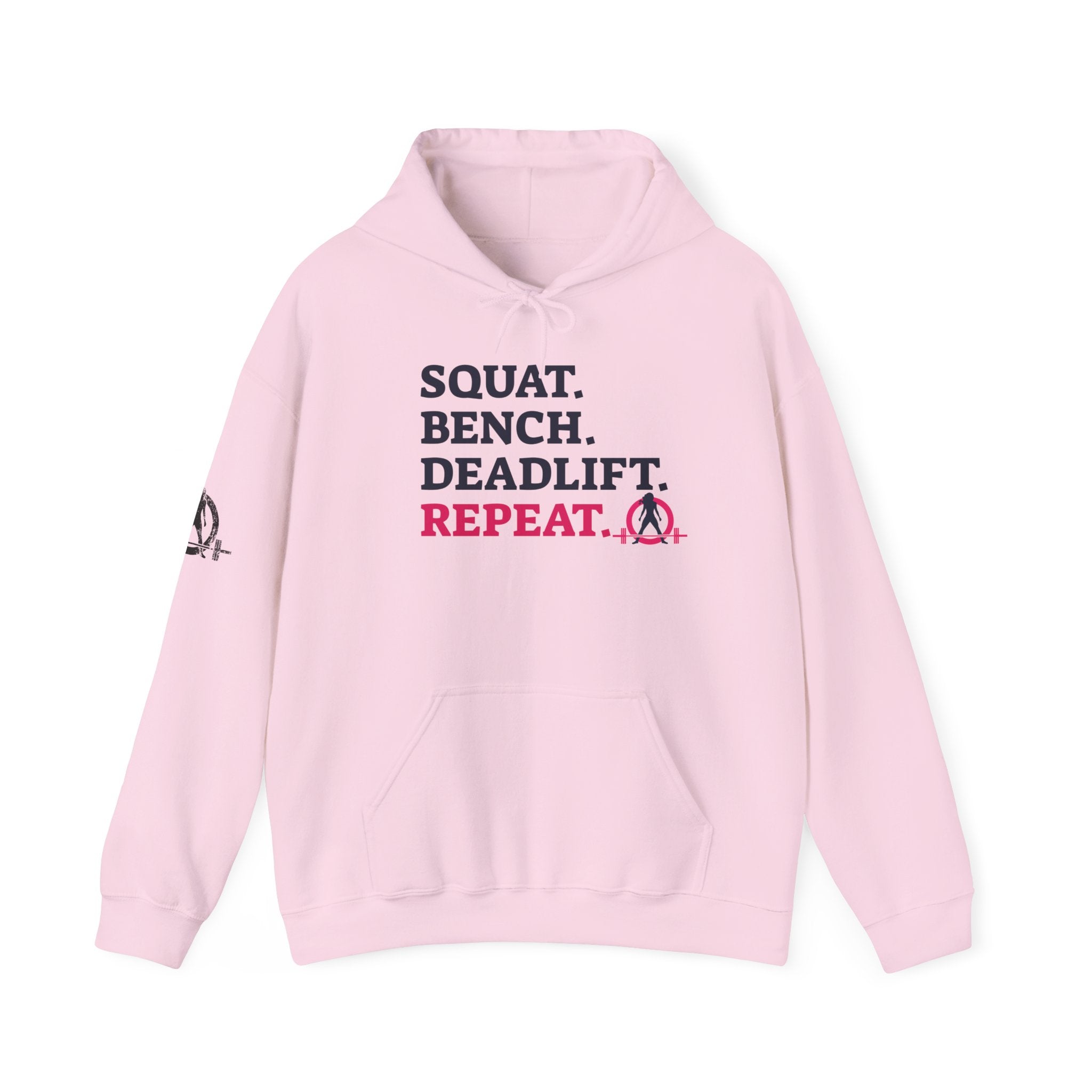 WWLW “Squat • Bench • Deadlift • Repeat” Hoodie - Front Dark Logo Plain Back