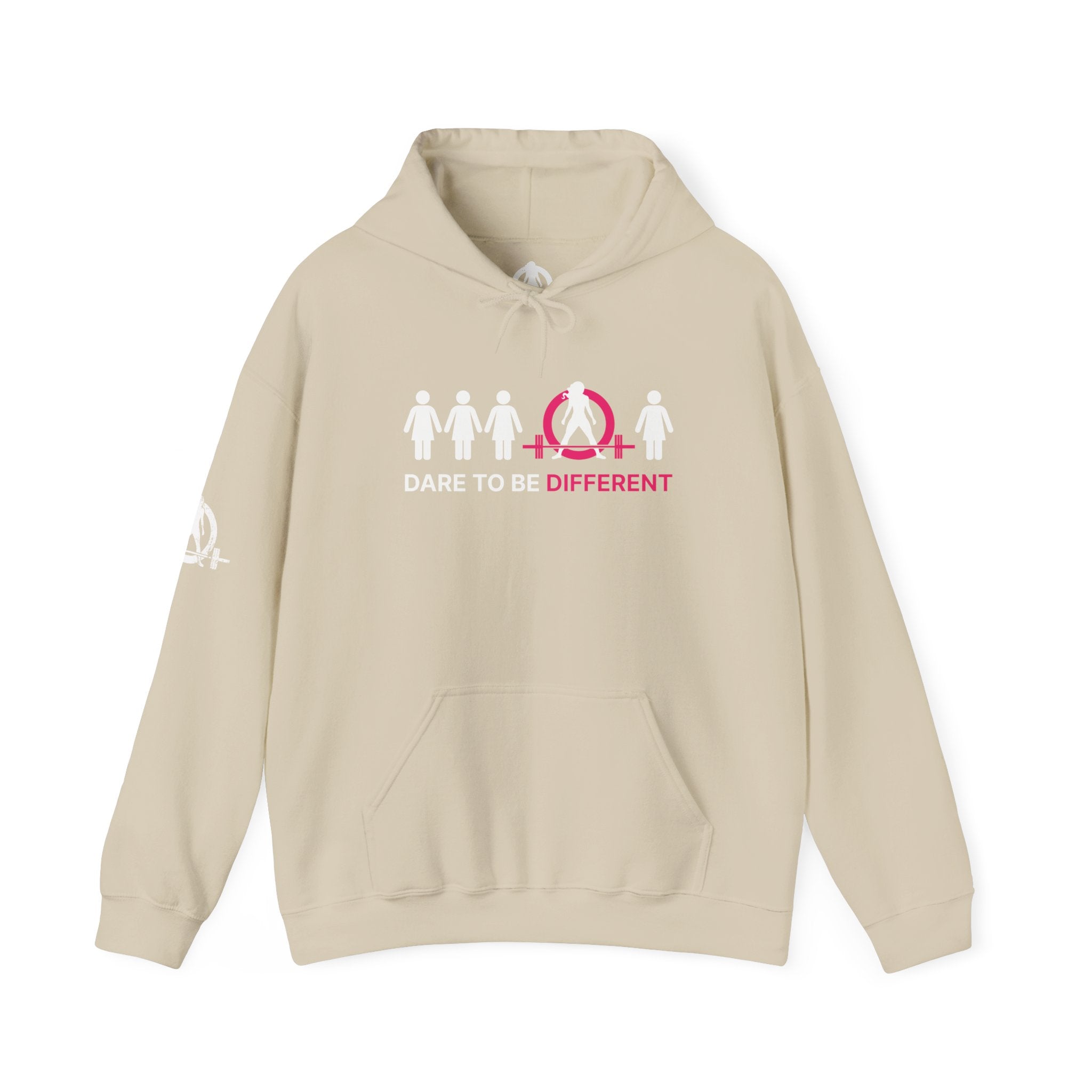 Dare To Be Different - Deadlift - Unisex Heavy Blend Hooded Sweatshirt - White Print on Front & Arm