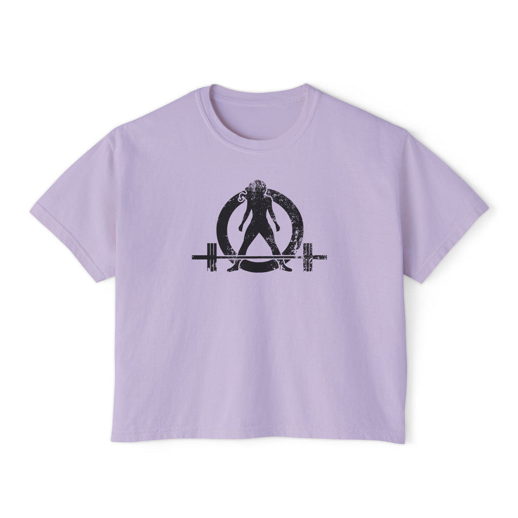 Women's Boxy Tee - Black Distressed Logo Front Plain Back