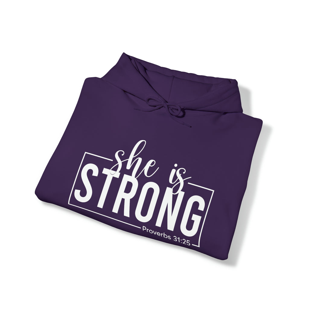 She is STRONG - Unisex Heavy Blend Hooded Sweatshirt - White Logo -  Plain Back