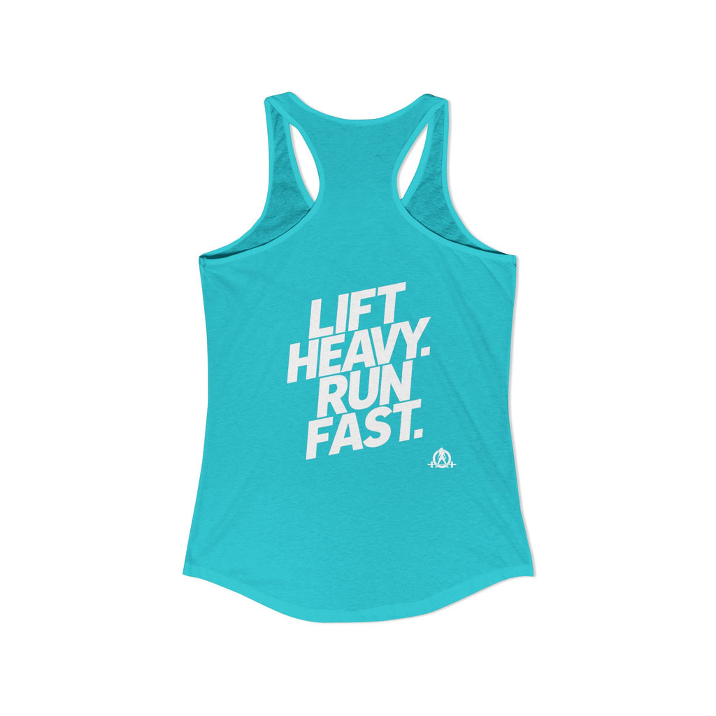 Lift Heavy - Run Fast - Racer Back Tank Top - Women's Ideal Racerback Tank (White Front & Back Logo)