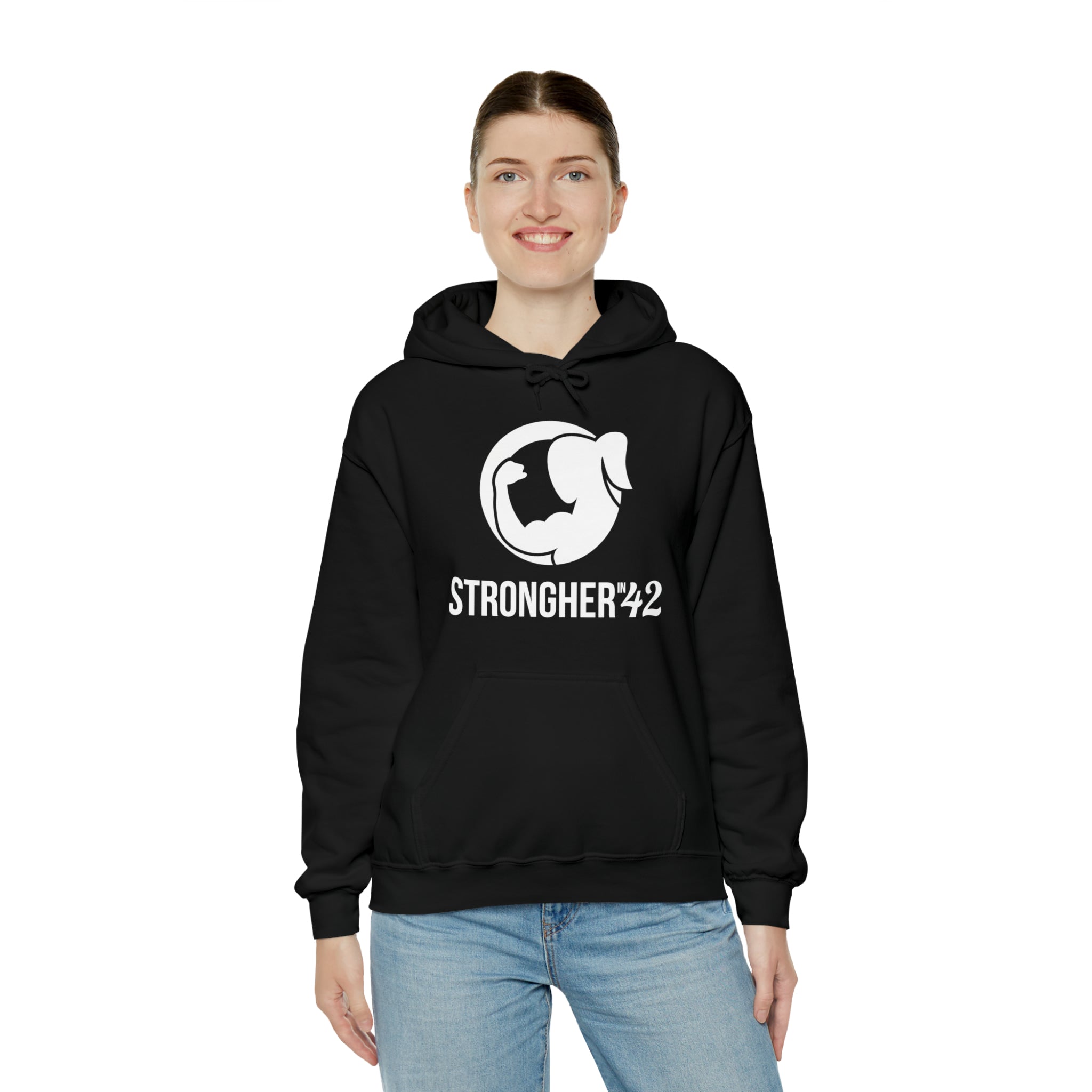 Strong Her in 42 - Classic Logo White - Unisex Heavy Blend Hooded Sweatshirt