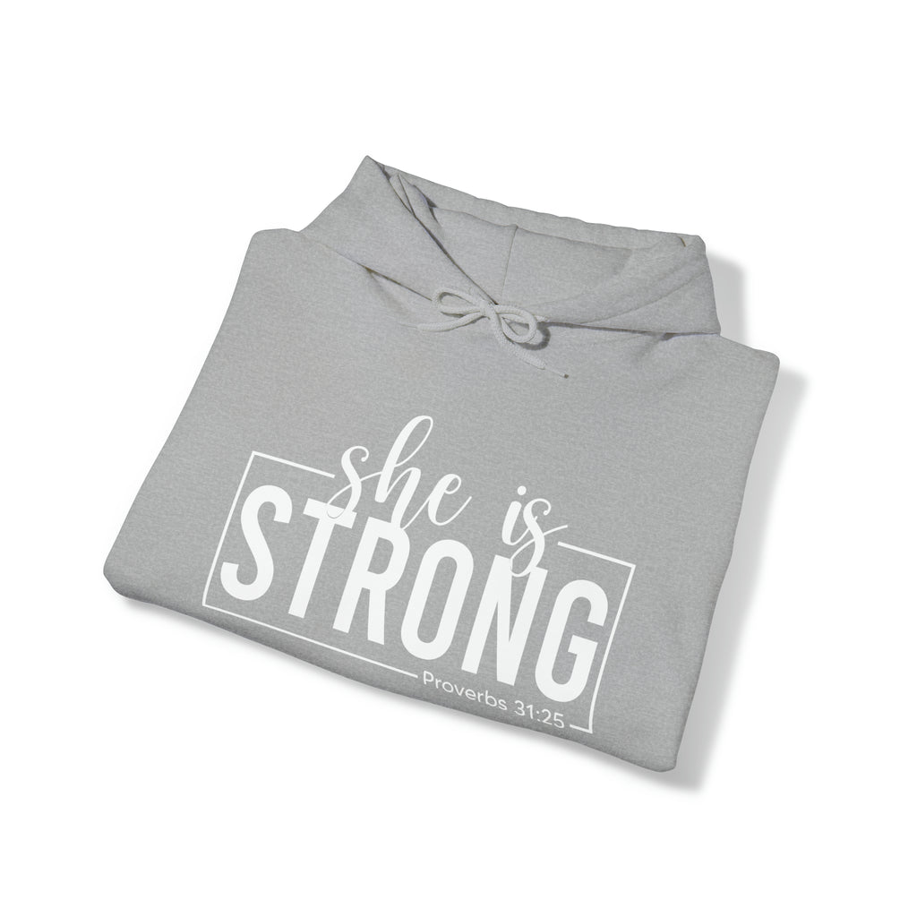 She is STRONG - Unisex Heavy Blend Hooded Sweatshirt - White Logo -  Plain Back