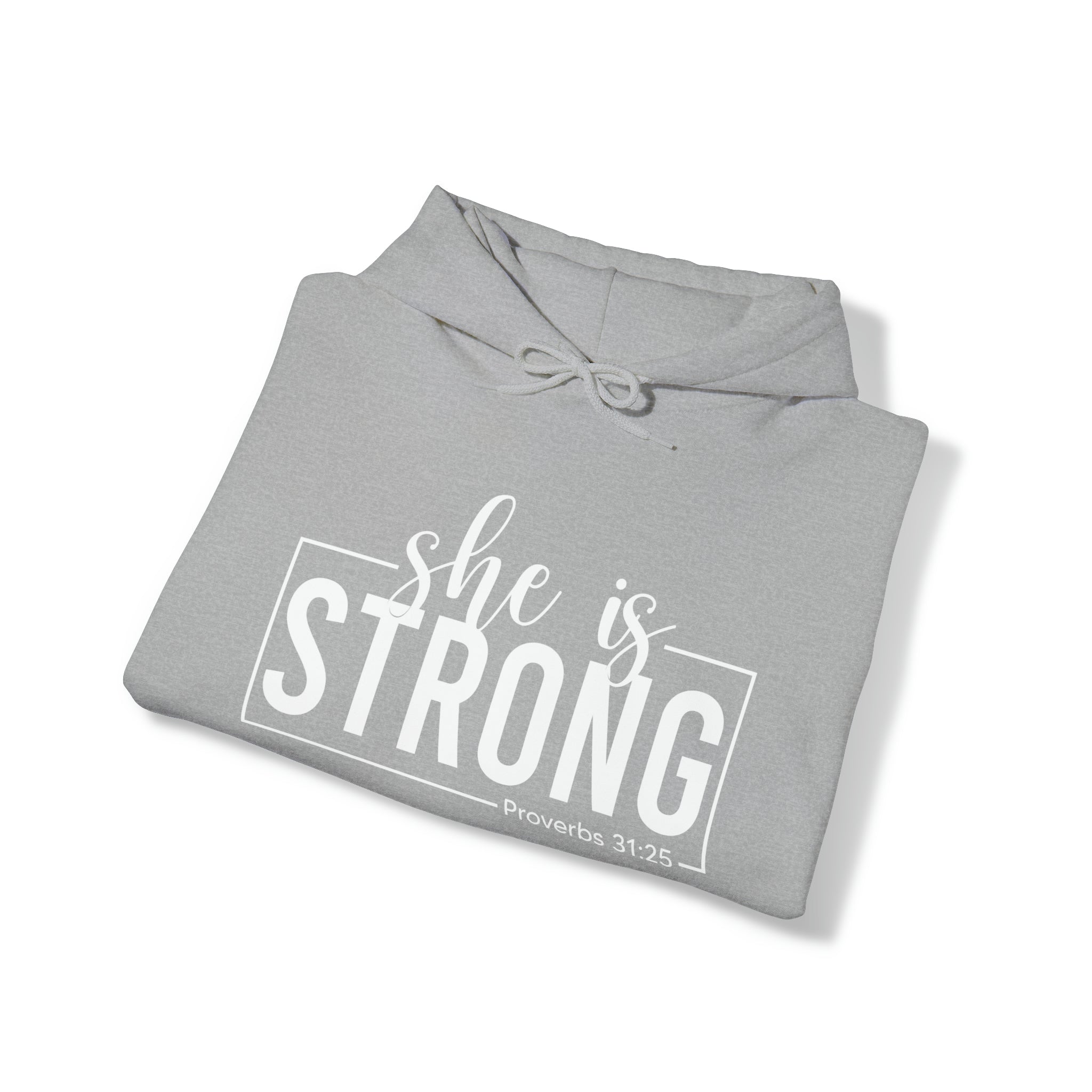 She is STRONG - Unisex Heavy Blend Hooded Sweatshirt - White Logo -  Plain Back