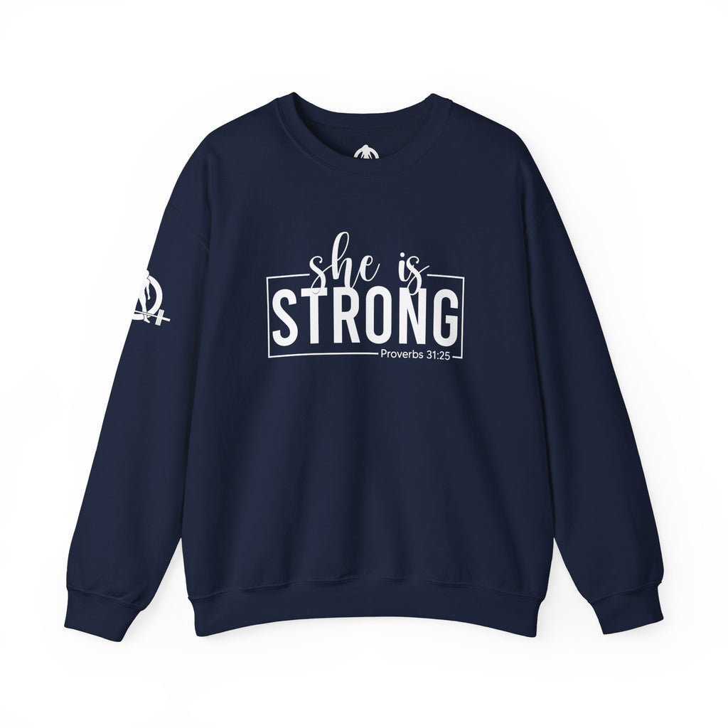 She is STRONG - Unisex Heavy Blend™ Crewneck Sweatshirt - Front White Logo - Plain Back