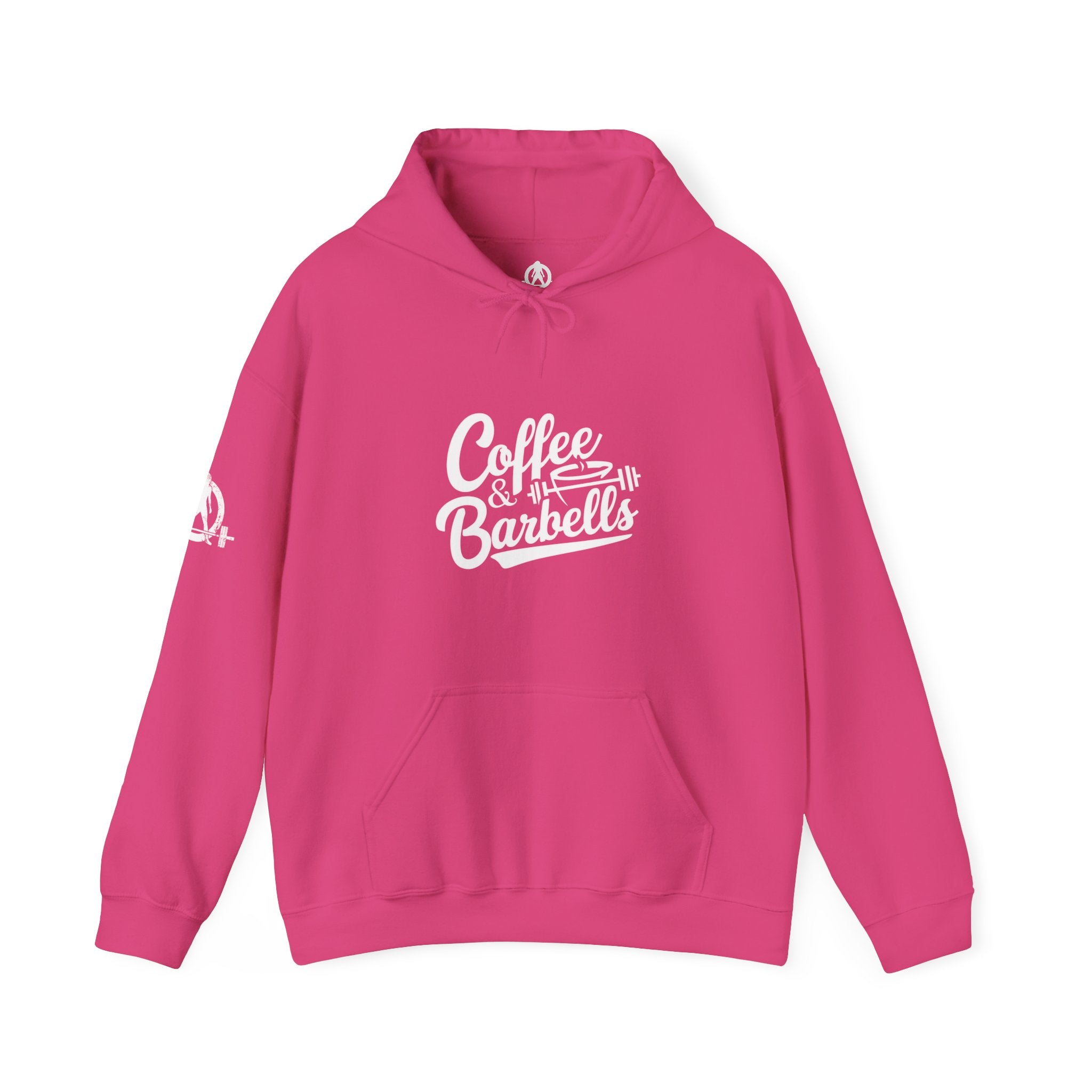 Coffee & Barbells - Unisex Heavy Blend Hooded Sweatshirt - White Logo on Front & Right Sleeve