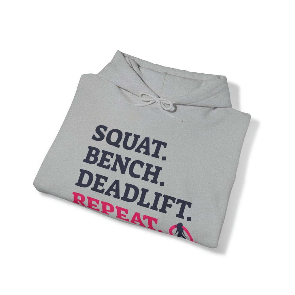 Squat Bench Deadlift Repeat - Unisex Heavy Blend Hooded Sweatshirt - Light WWLW Logo - Pink- Plain Black