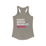 Squat Bench Deadlift Repeat - Women's Ideal Racerback Tank - Pink & Black - Dark - SBDR on Back