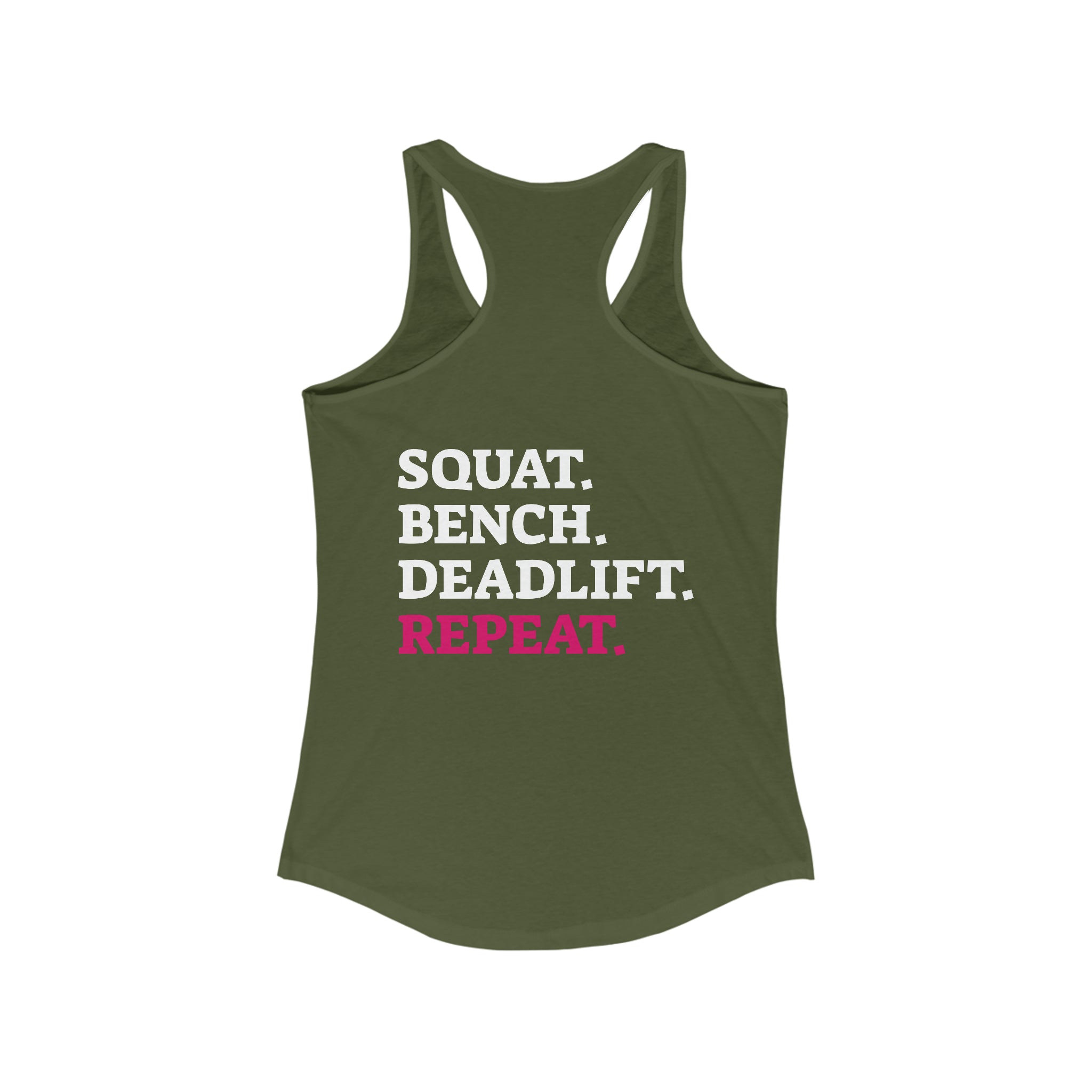 Squat Bench Deadlift Repeat - Women's Ideal Racerback Tank - Pink & Black - Dark - SBDR on Back
