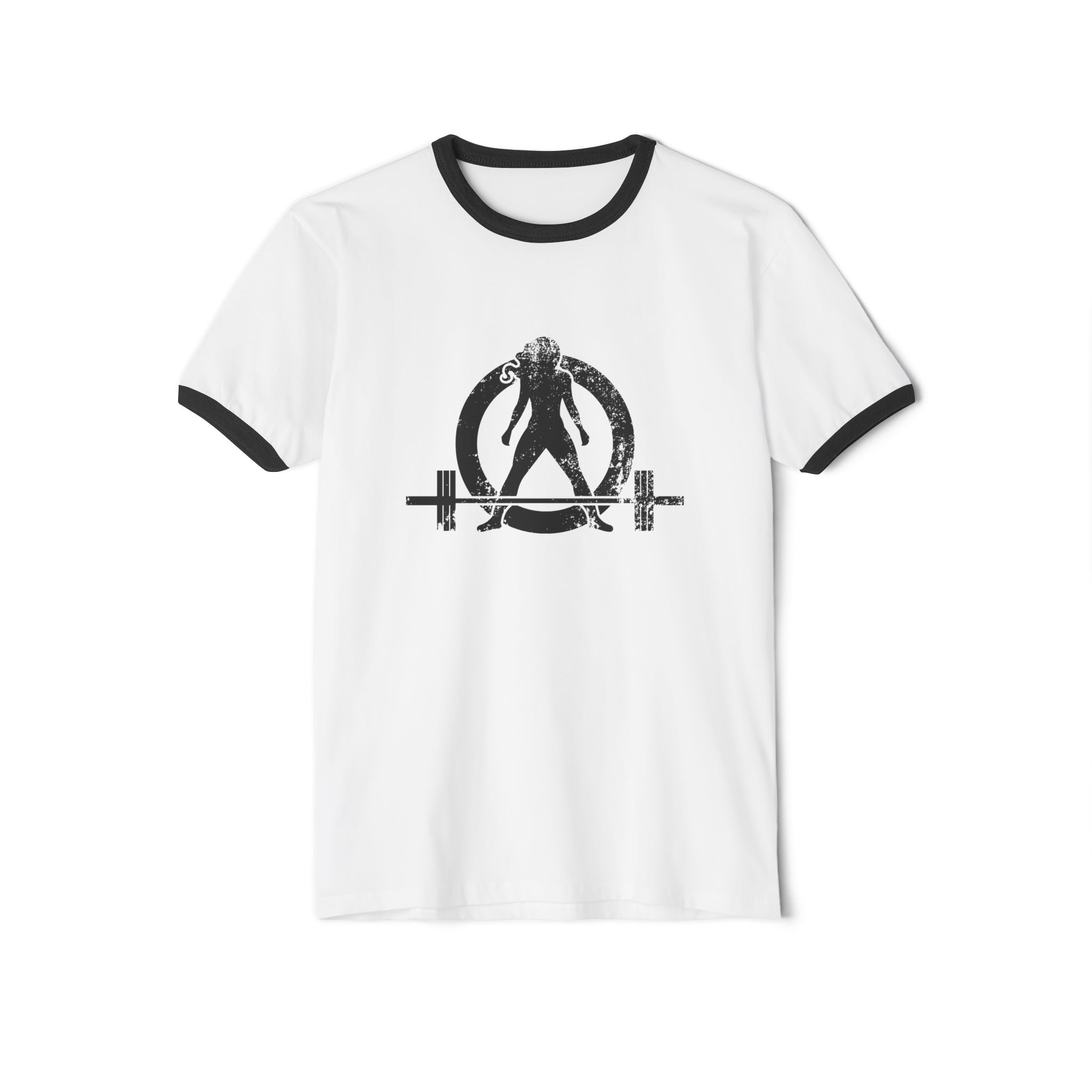Kick Your Ass - Unisex Cotton Ringer T-Shirt - Black Distressed Logo Front & Back