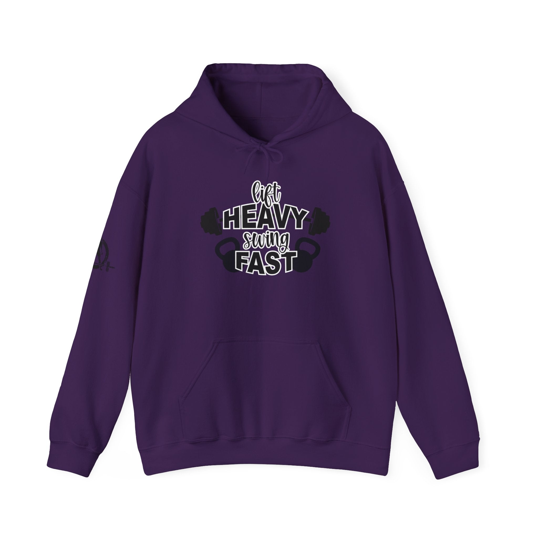 Lift Heavy Swing Fast - Unisex Heavy Blend Hooded Sweatshirt - Black Logo - Right Shoulder - Plain Back