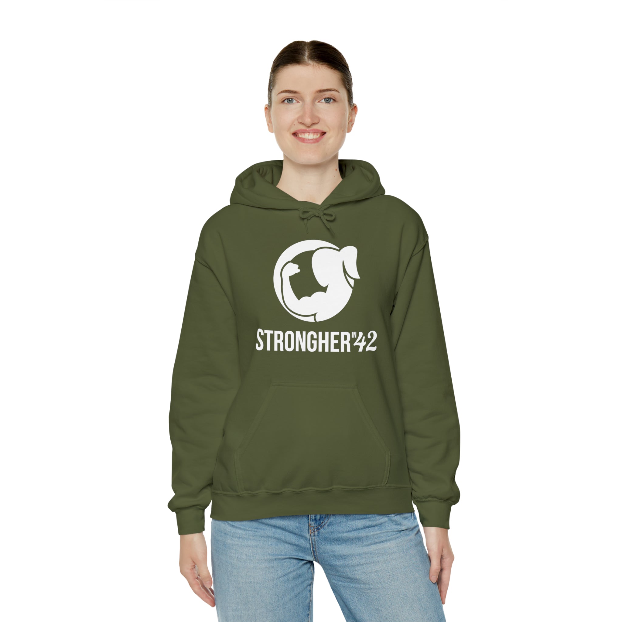 Strong Her in 42 - Classic Logo White - Unisex Heavy Blend Hooded Sweatshirt