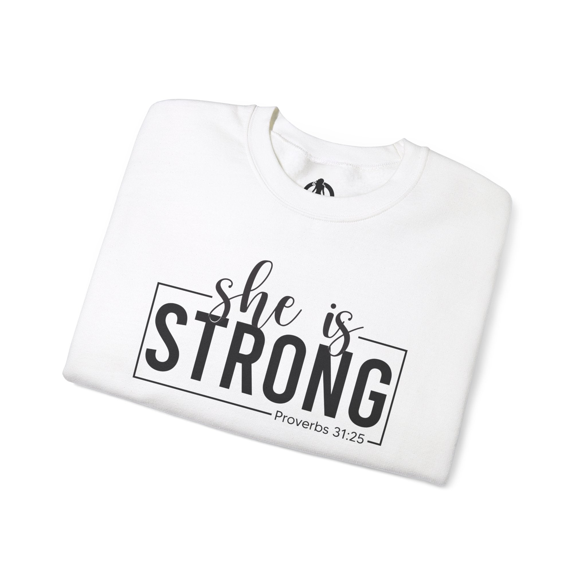 She is STRONG - Unisex Heavy Blend™ Crewneck Sweatshirt - Front Black Logo - Plain Back