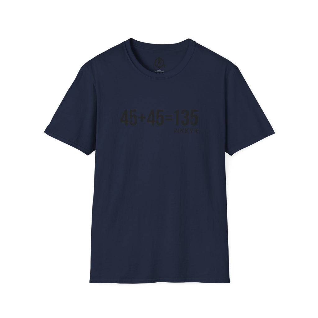 45 + 45 = 135 - Unisex Softstyle T-Shirt - Black Print on Front Plain Back