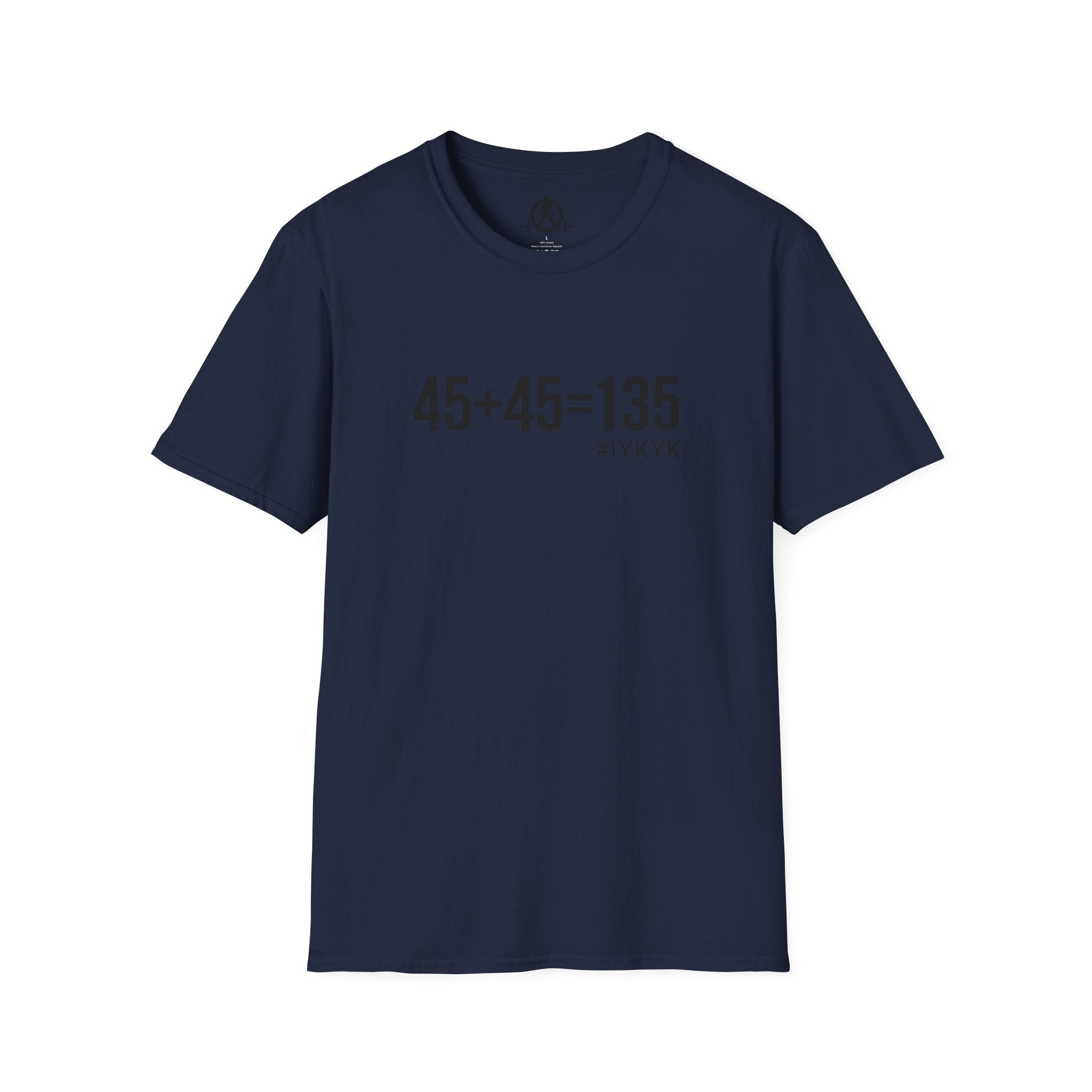 45 + 45 = 135 - Unisex Softstyle T-Shirt - Black Print on Front Plain Back