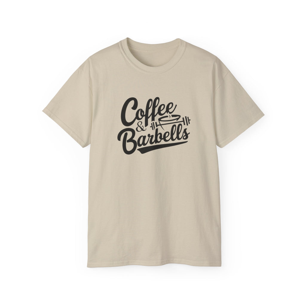 Coffee & Barbells - Unisex Ultra Cotton Tee - Front Black Logo - Plain Back