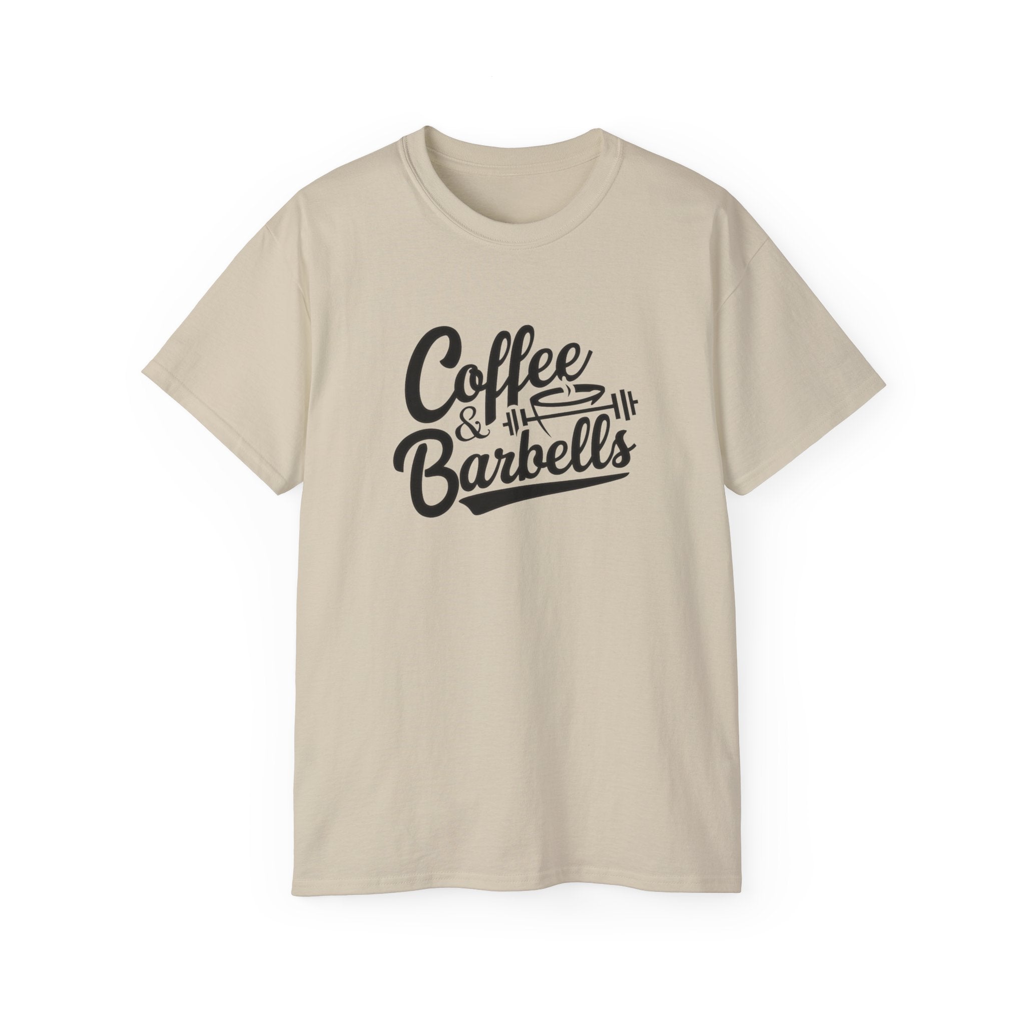 Coffee & Barbells - Unisex Ultra Cotton Tee - Front Black Logo - Plain Back