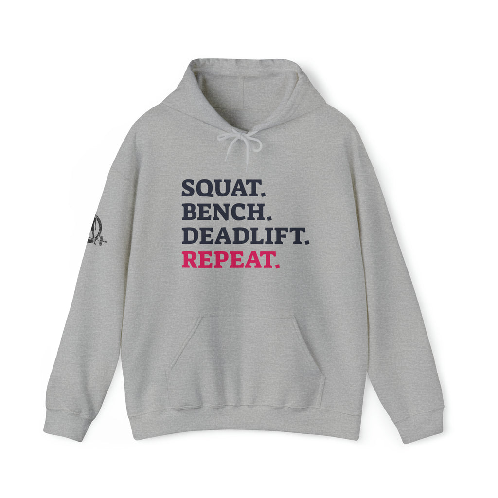 Squat Bench Deadlift Repeat - Unisex Heavy Blend Hooded Sweatshirt - Light Logo - Pink- Plain Black