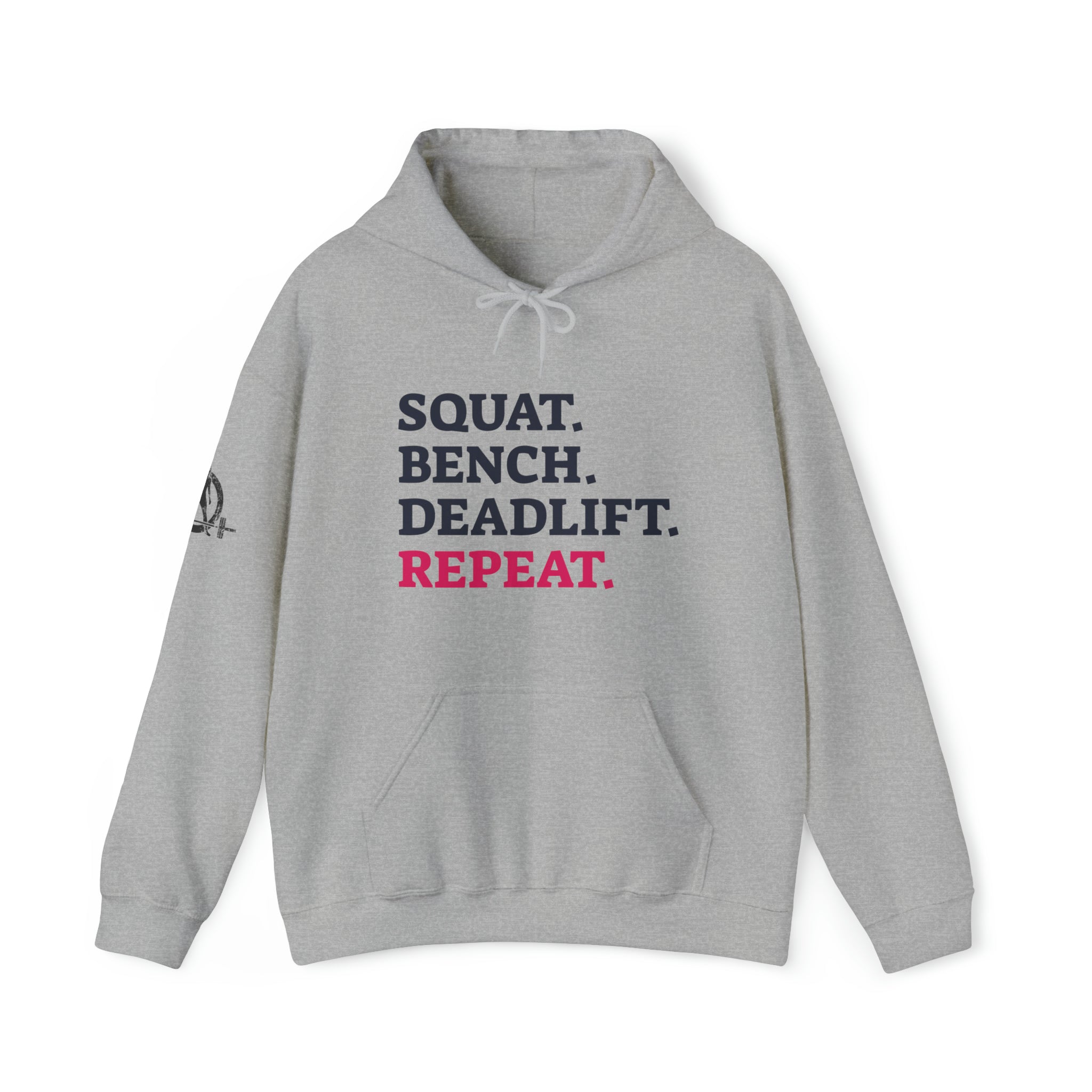 Squat Bench Deadlift Repeat - Unisex Heavy Blend Hooded Sweatshirt - Light Logo - Pink- Plain Black