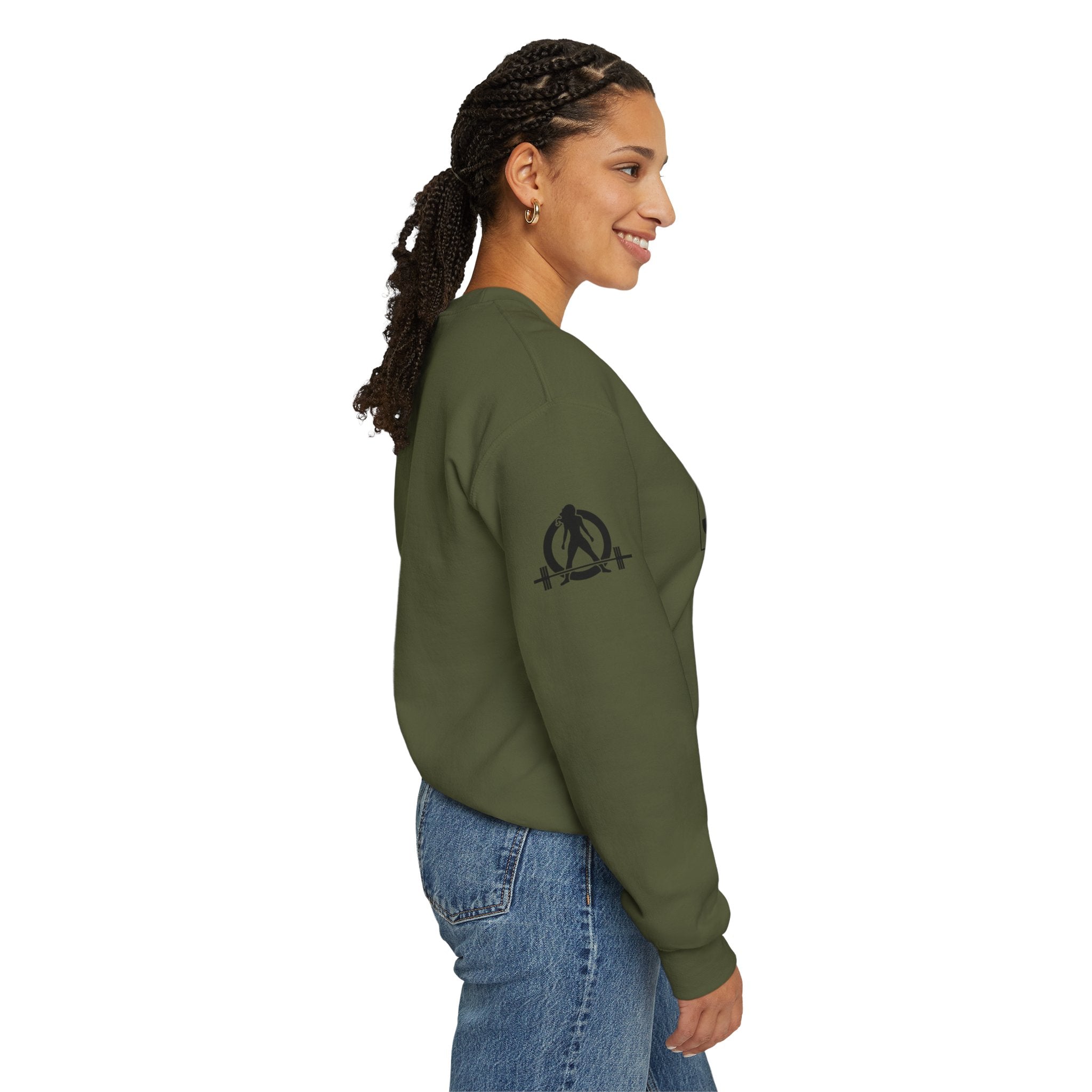 She is STRONG - Unisex Heavy Blend™ Crewneck Sweatshirt - Front Black Logo - Plain Back