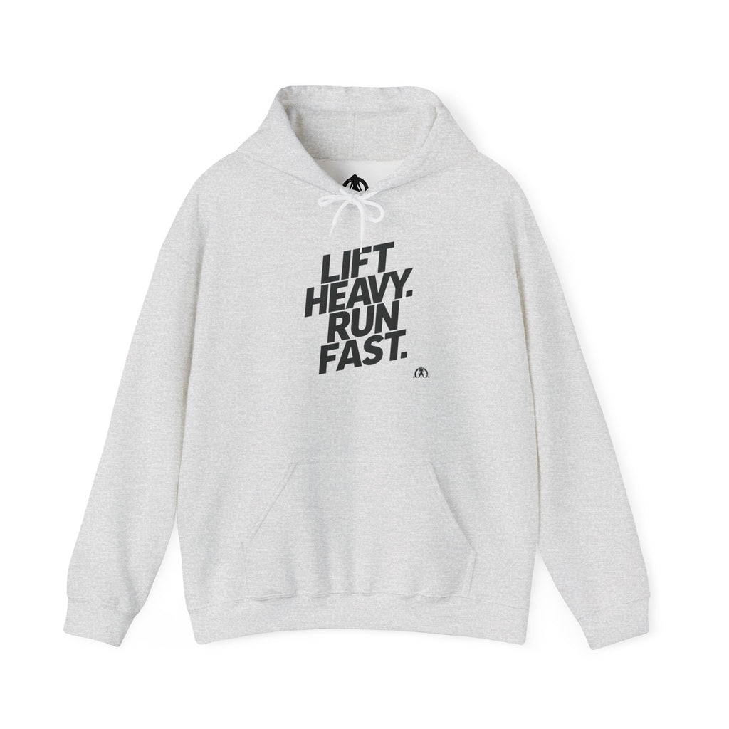 Lift Heavy Run Fast – Unisex Heavy Blend™ Hooded Sweatshirt (Front Black Logo) 🏋️‍♂️🏃‍♀️🖤