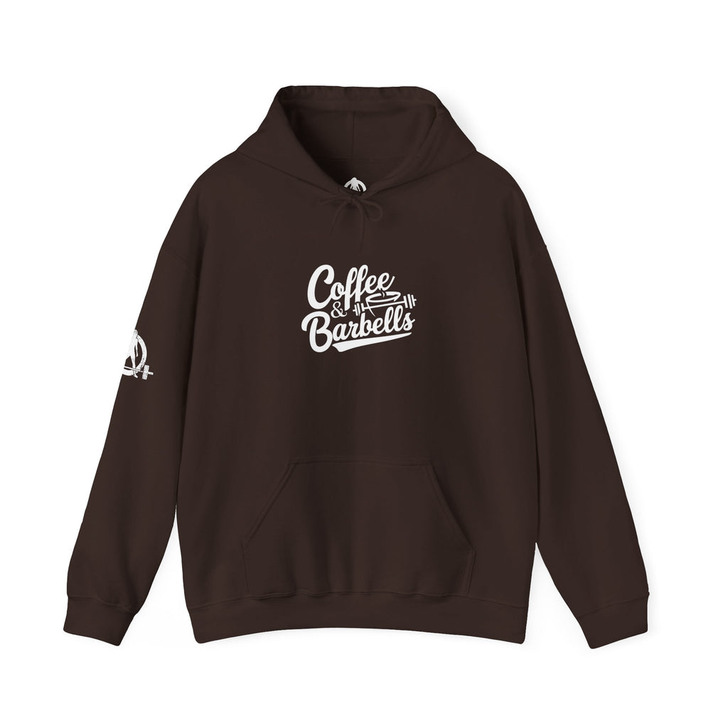 Coffee & Barbells - Unisex Heavy Blend Hooded Sweatshirt - White Logo on Front & Right Sleeve